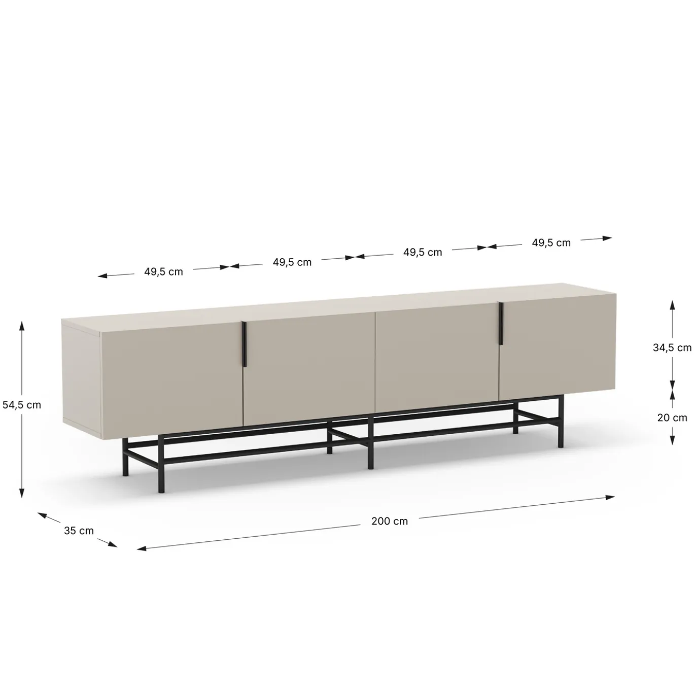 Tv-meubel Eldia 4d 200cm Crème met Metaal - Giga Meubel