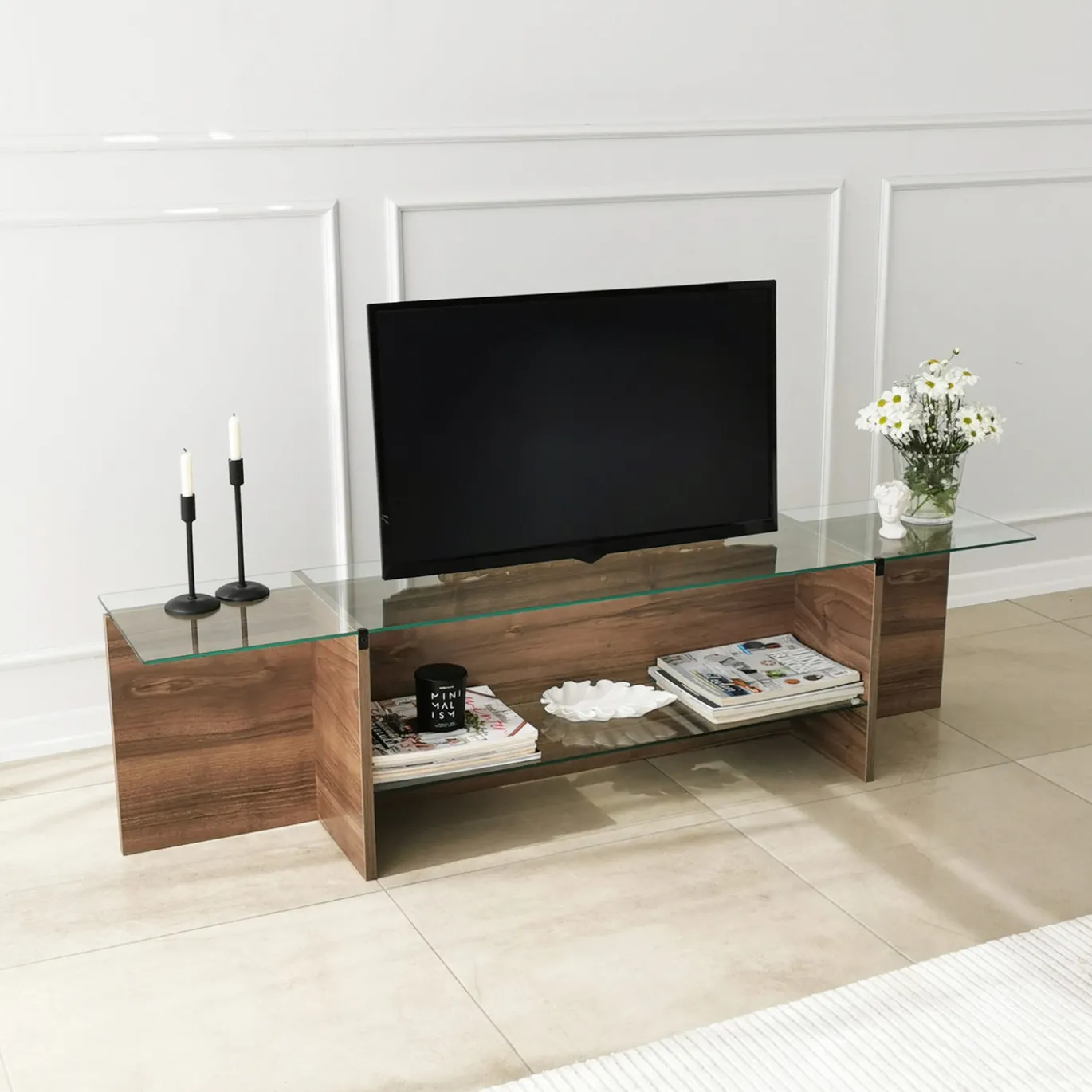 Tv-meubel Escape Walnoot/Glas 158cm
