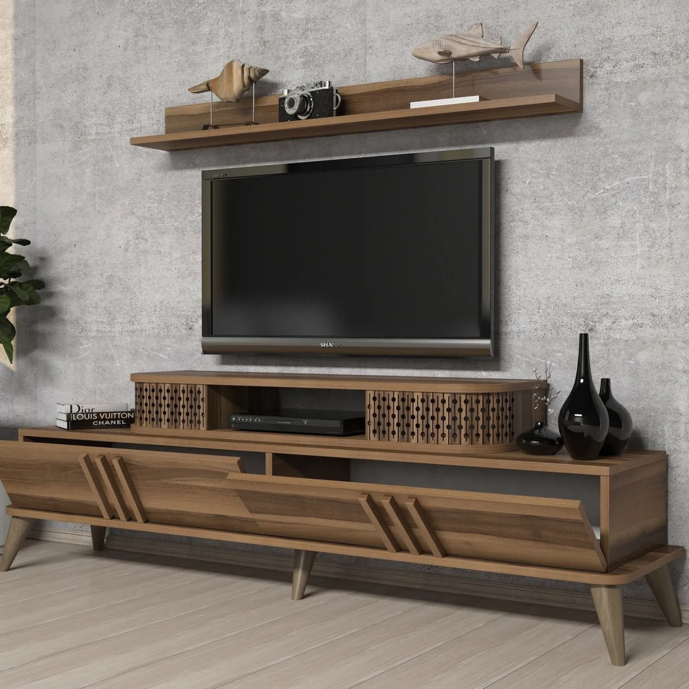 Tv-meubel Eylul Walnoot met Wandplank