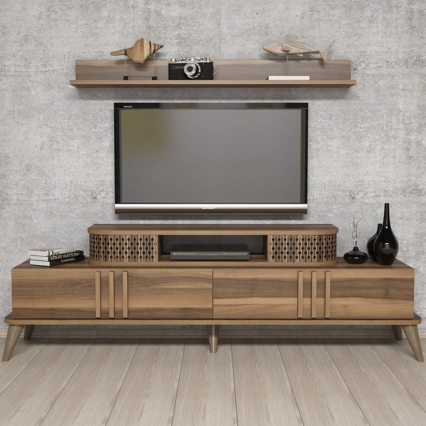Tv-meubel Eylul Walnoot met Wandplank
