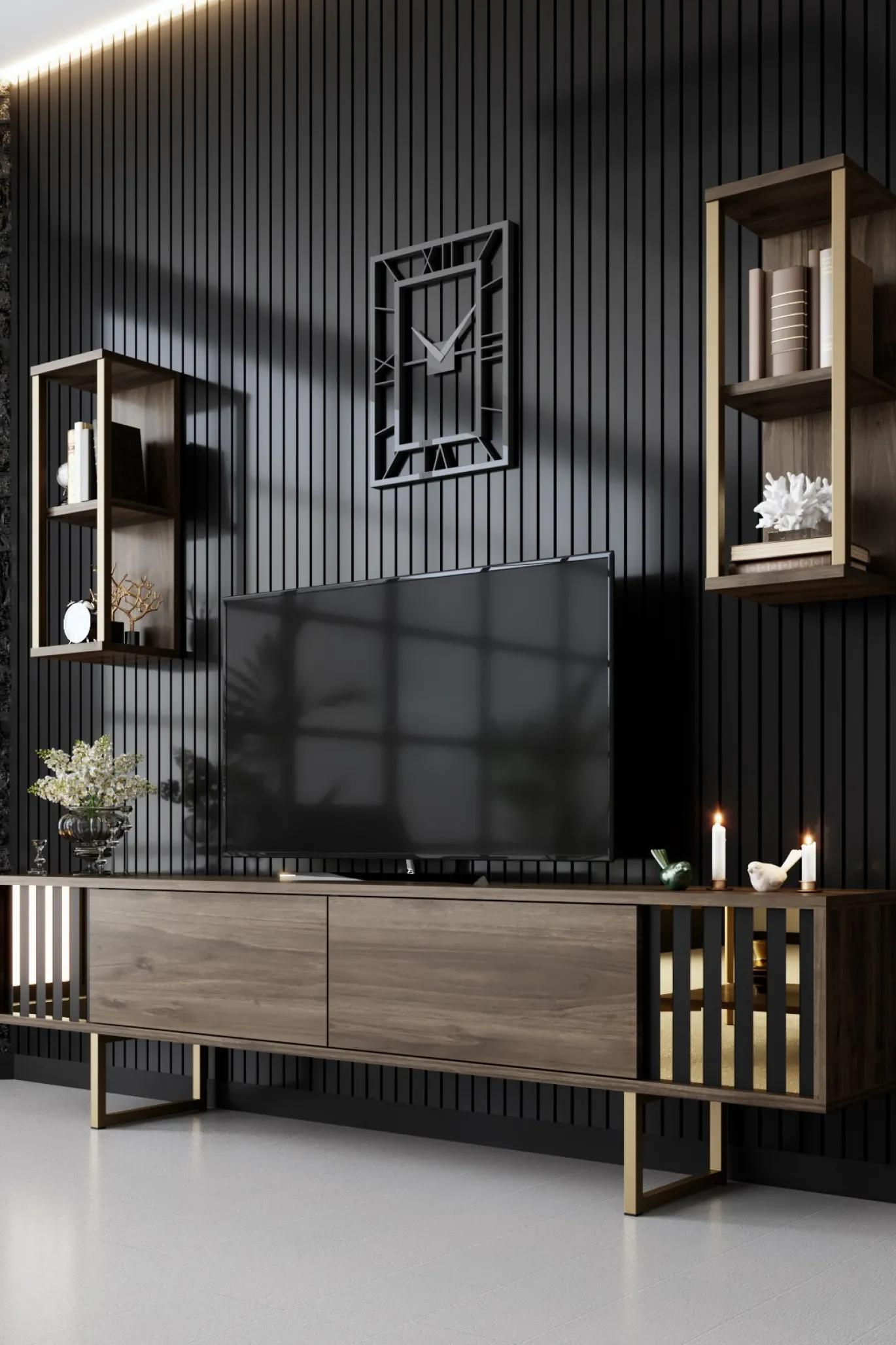 Tv-meubel Gold Line Walnoot met Wandschappen