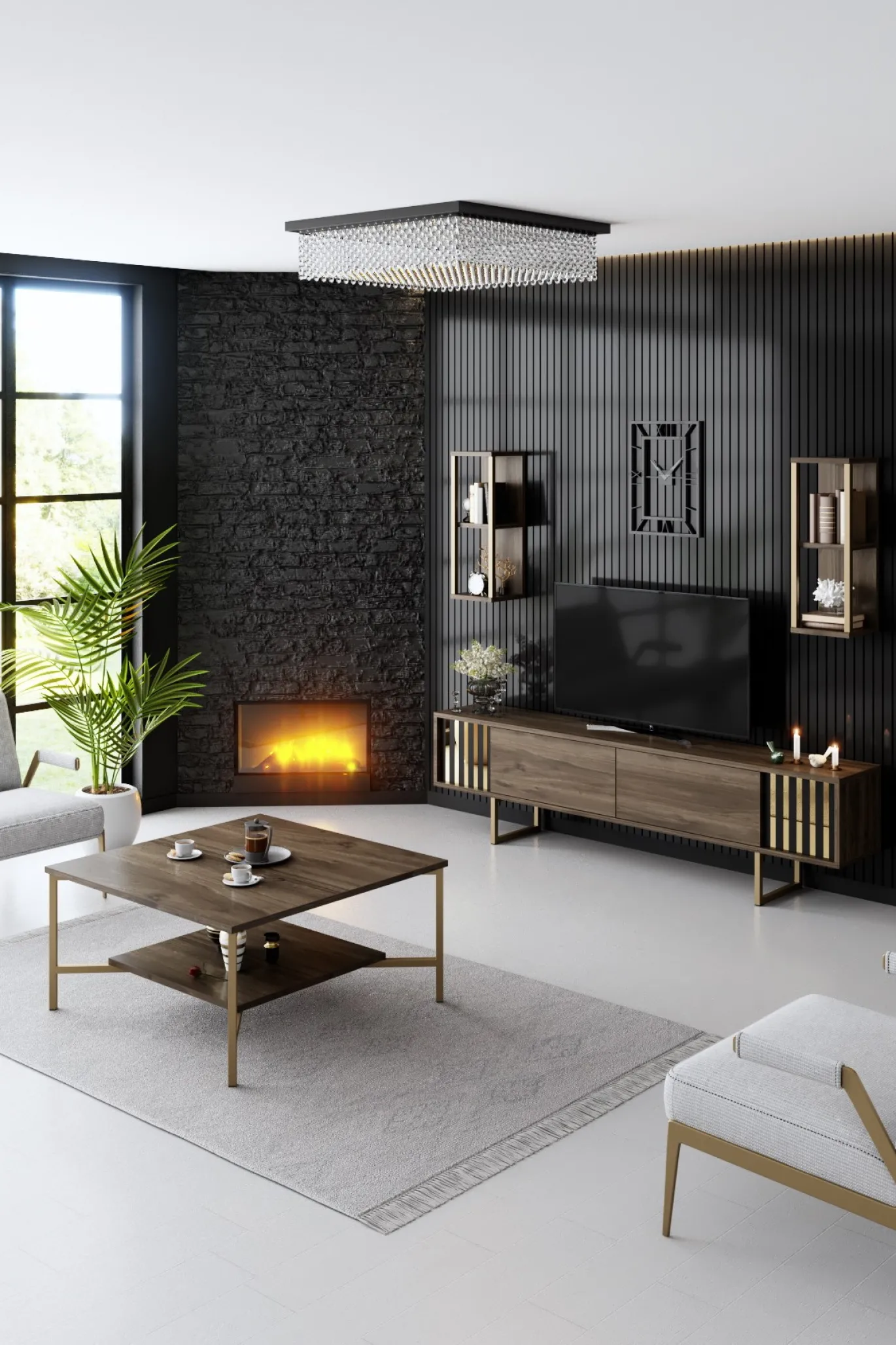 Tv-meubel Gold Line Walnoot met Wandschappen