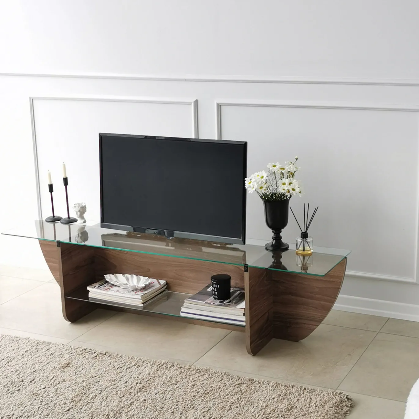 Tv-meubel Lily Glas/Walnoot 158cm
