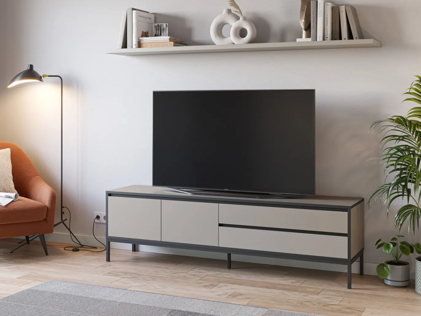 Tv-meubel Lorenza 2d2L 180cm Crème/zwart met Metaal - Giga Meubel
