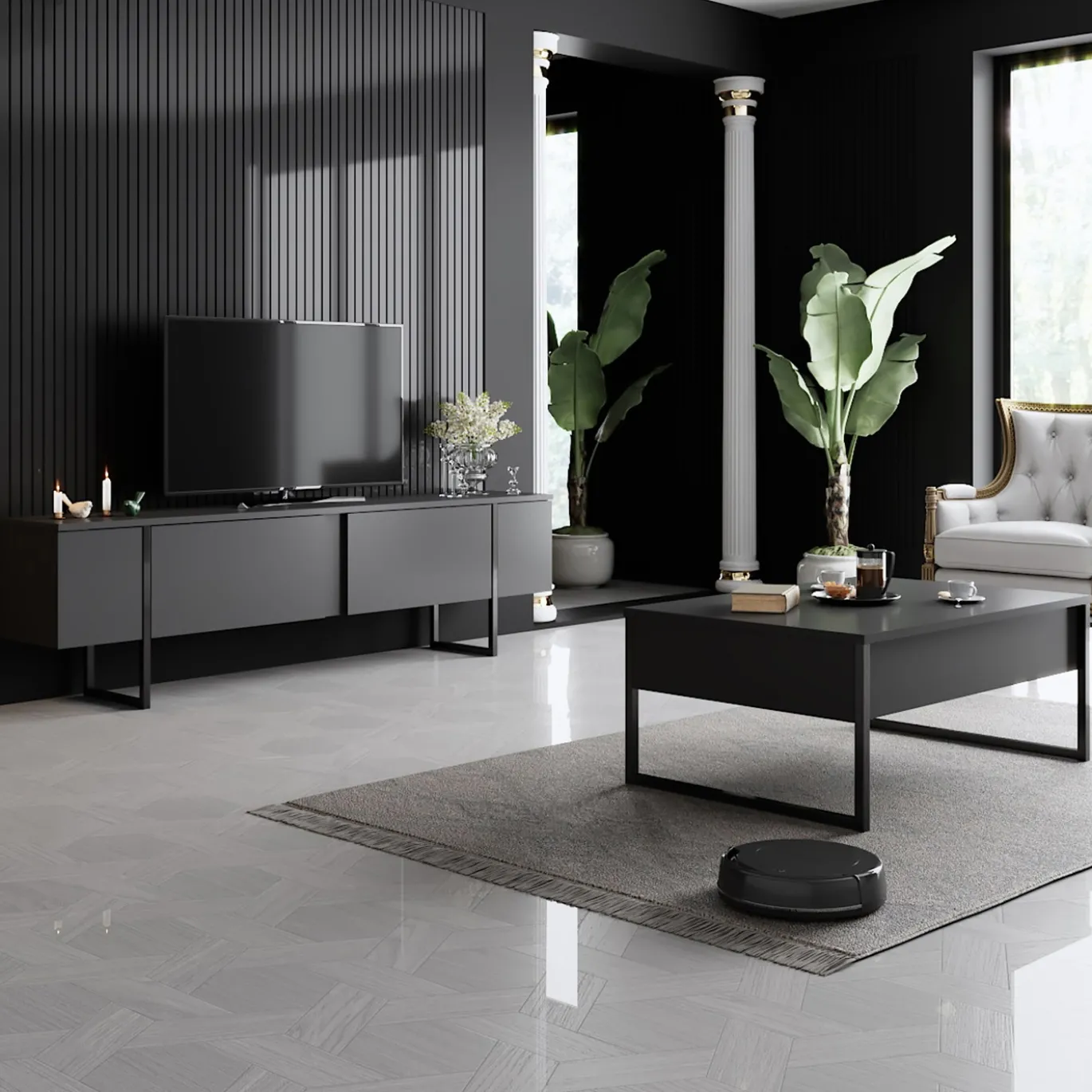 Tv-Meubel Luxe Melamine Antraciet Zwart