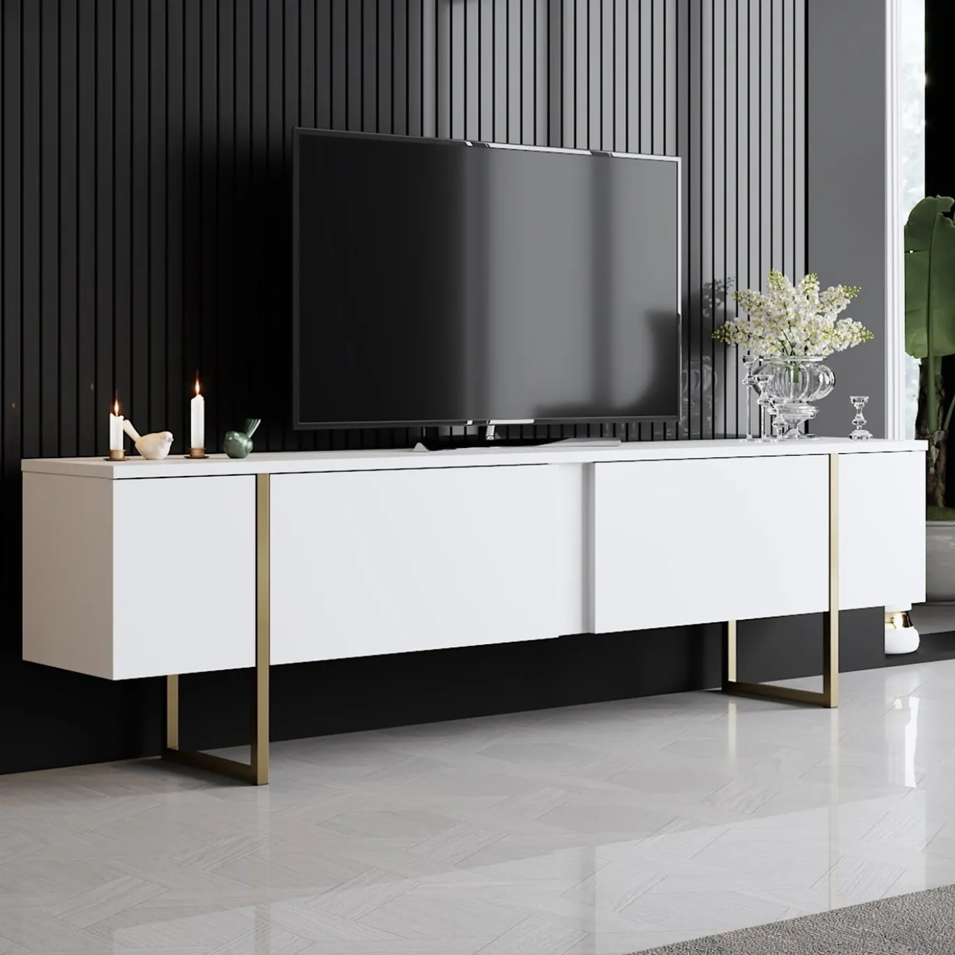 Tv-Meubel Luxe Melamine Wit Goud