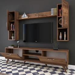 Tv-Meubel Matei met Wandschappen Melamine Walnoot