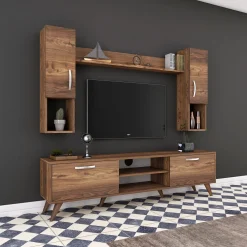 Tv-Meubel Matei met Wandschappen Melamine Walnoot