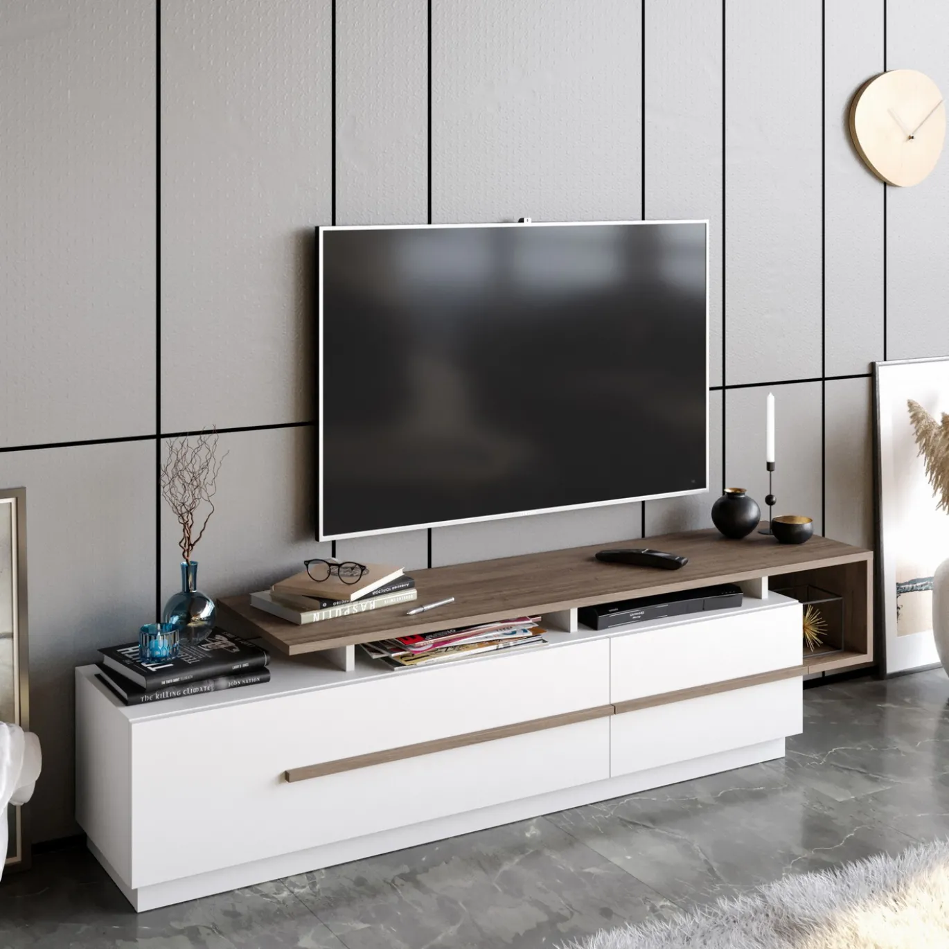 Tv-Meubel Pia Melamine Walnoot Wit