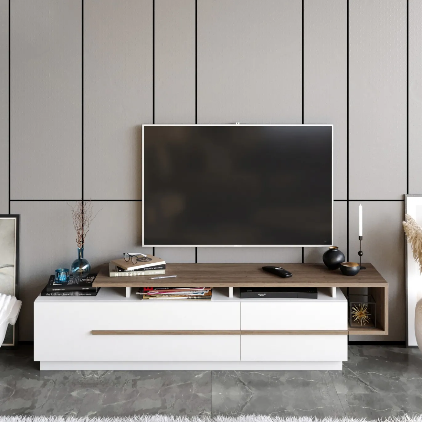 Tv-Meubel Pia Melamine Walnoot Wit