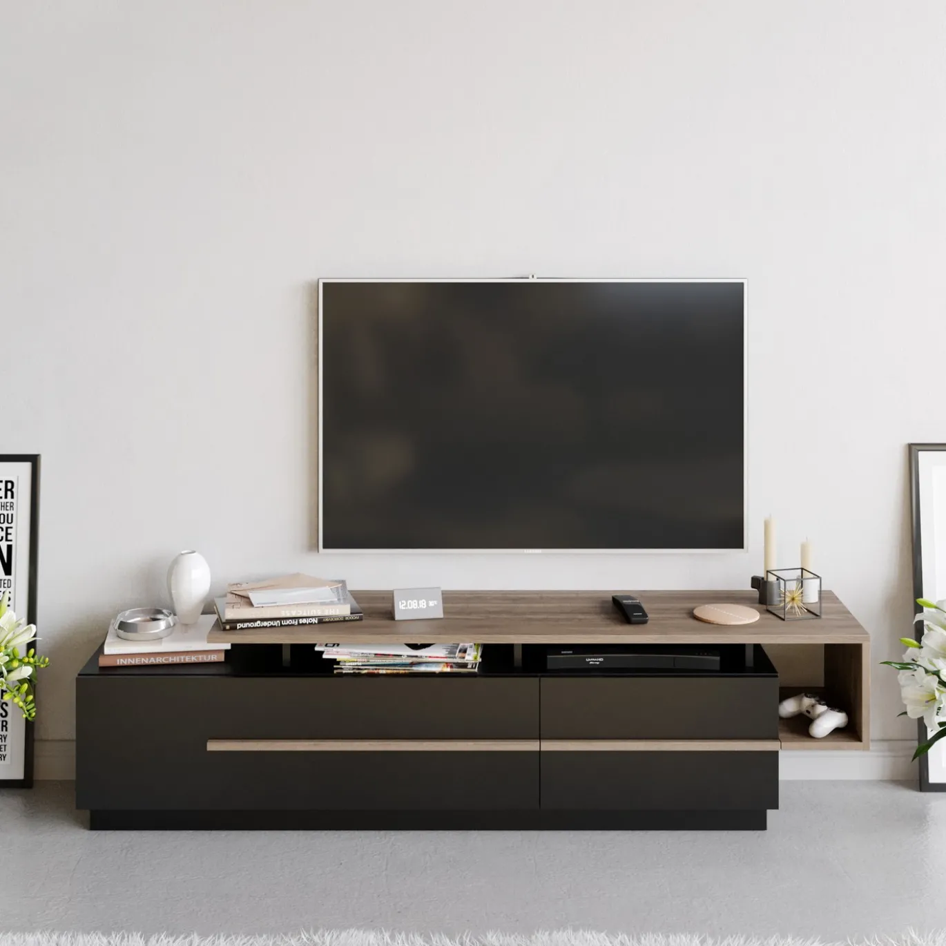 Tv-Meubel Pia Melamine Zwart Walnoot