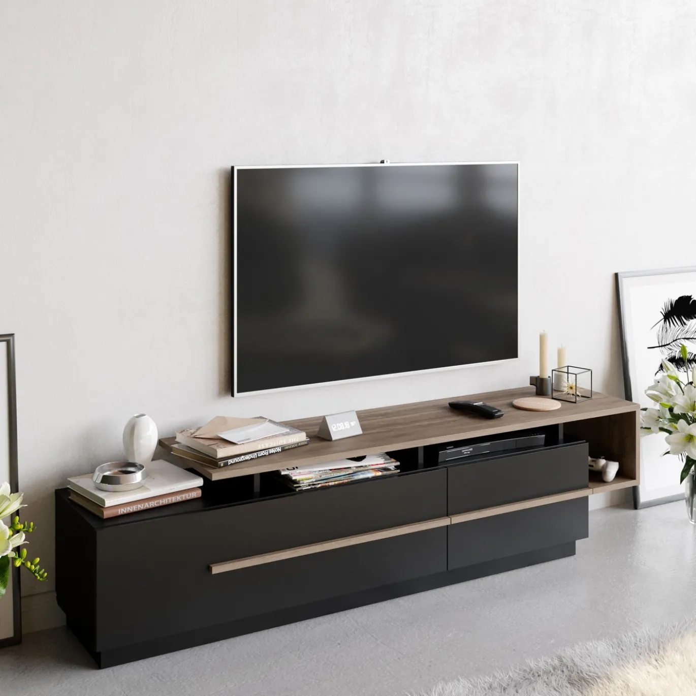 Tv-Meubel Pia Melamine Zwart Walnoot