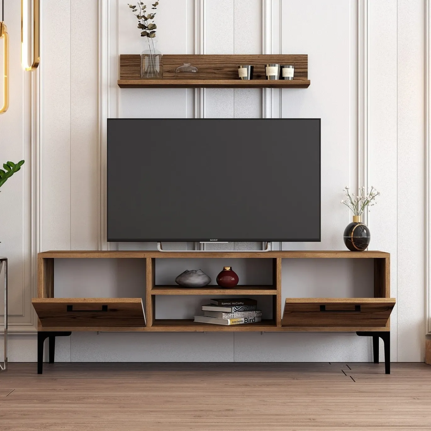 Tv-meubel Riga Walnoot met Wandplank