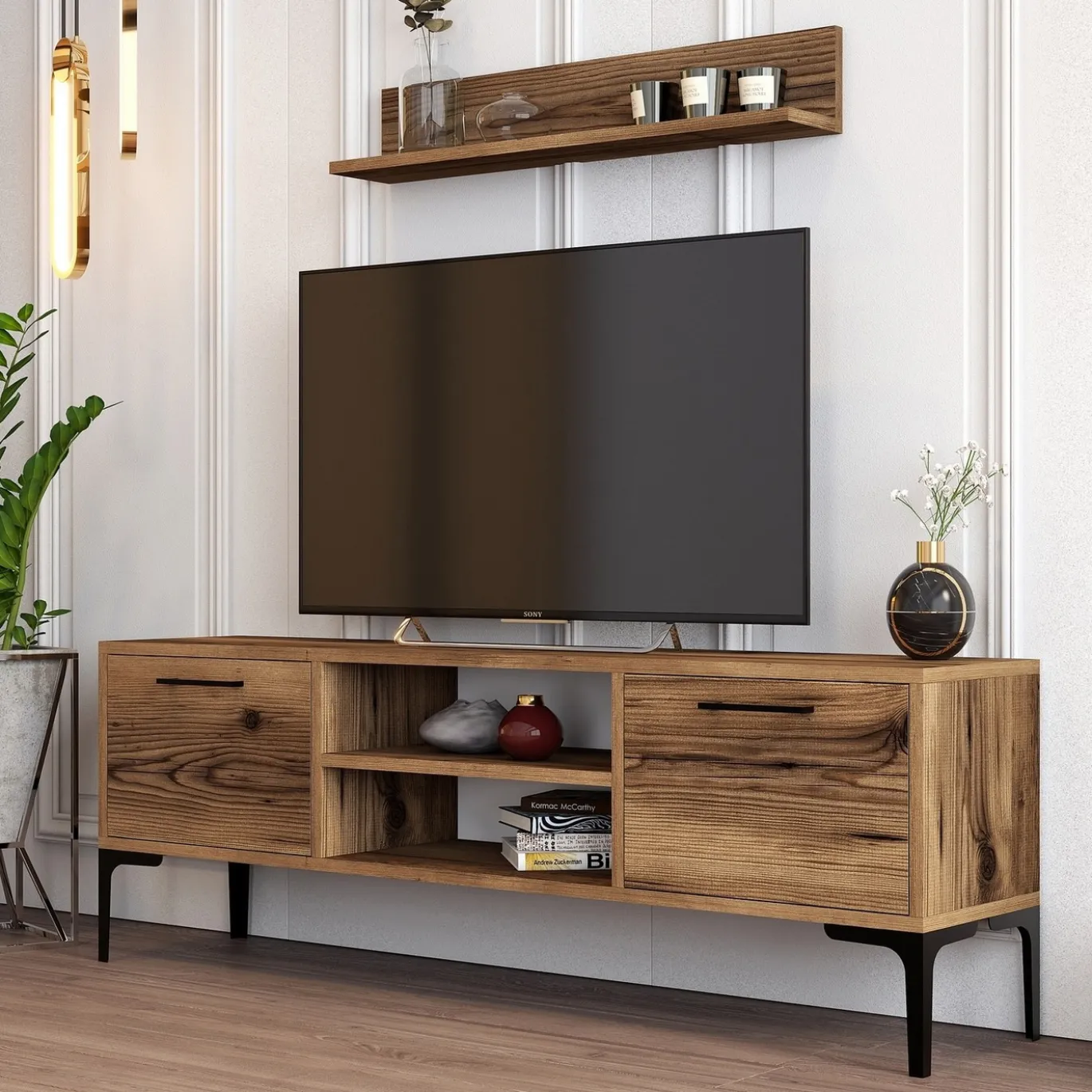 Tv-meubel Riga Walnoot met Wandplank