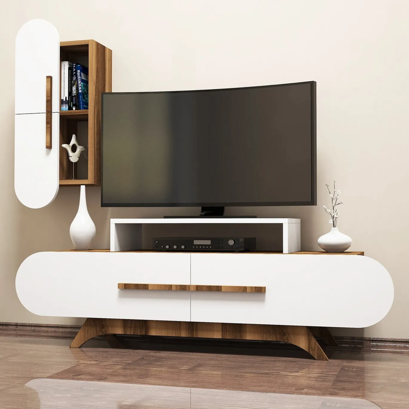 Tv-meubel Rose Wit/Walnoot Incl. Wandschap