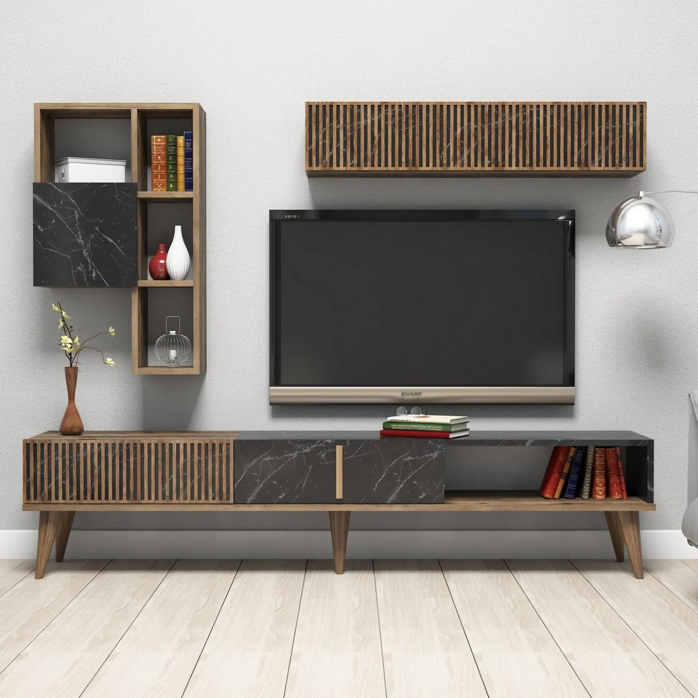 Tv-Meubel & Wandplank Milan Melamine Walnoot Zwart
