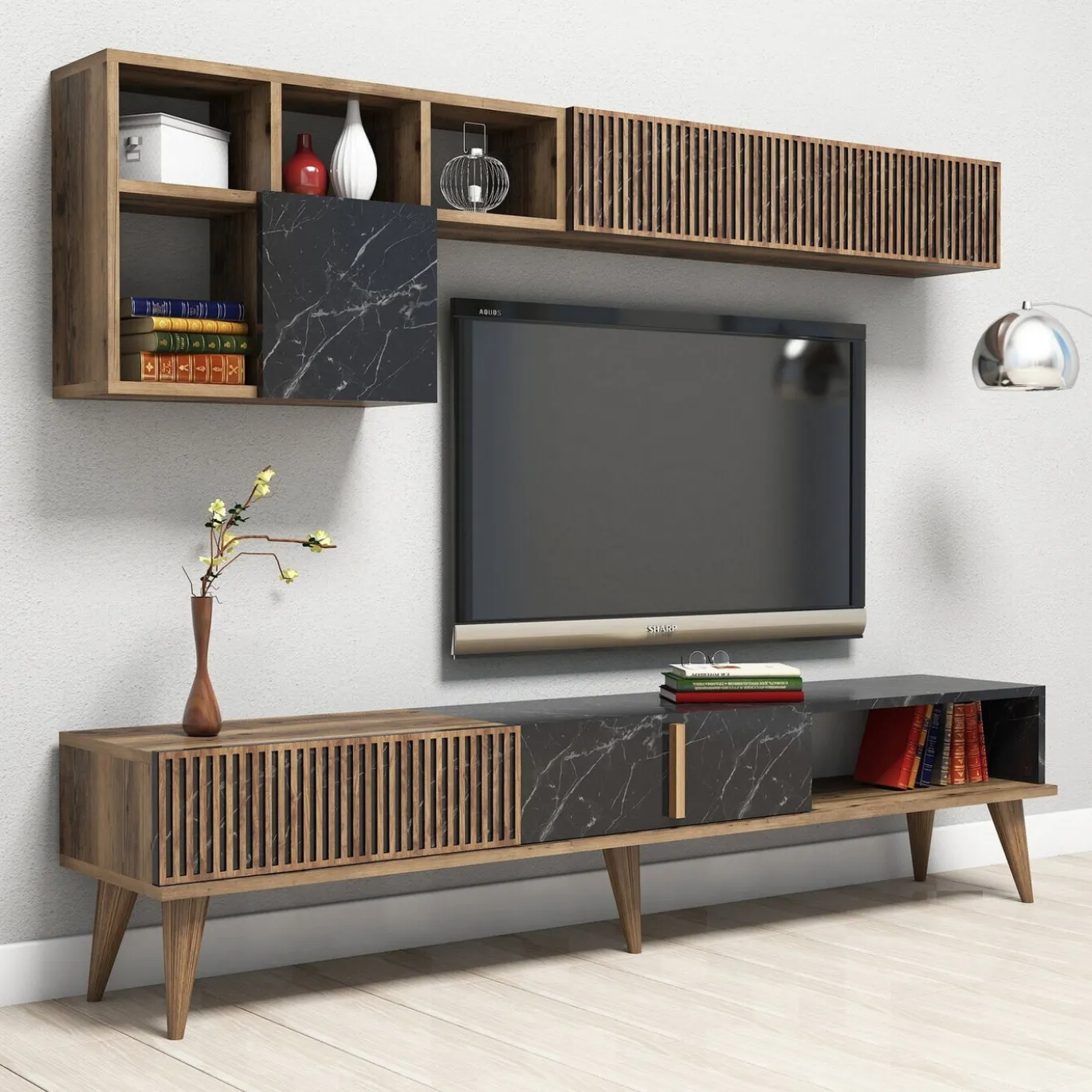 Tv-Meubel & Wandplank Milan Melamine Walnoot Zwart