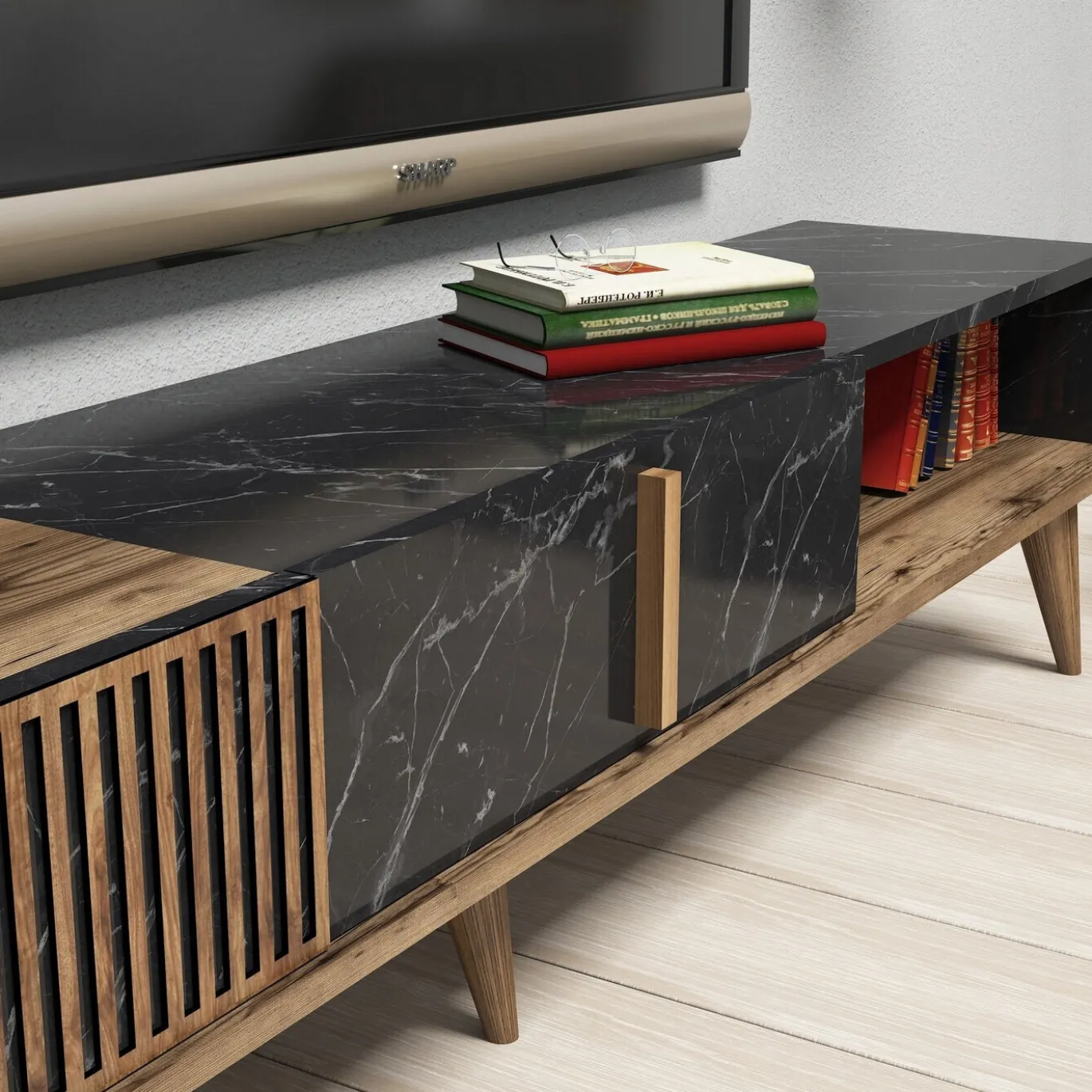 Tv-Meubel & Wandplank Milan Melamine Walnoot Zwart