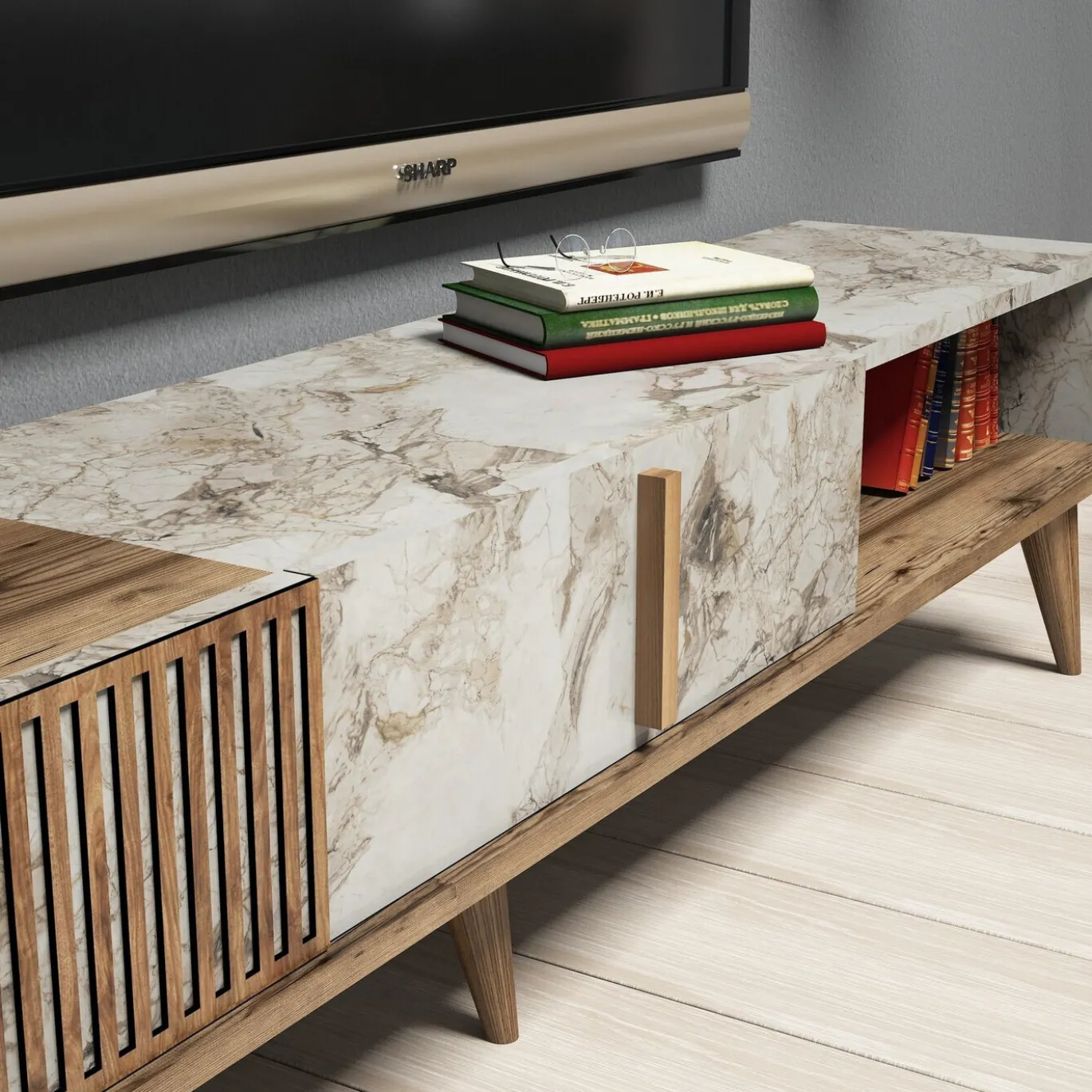 Tv-Meubel & Wandplank Milan Melamine Walnoot Wit