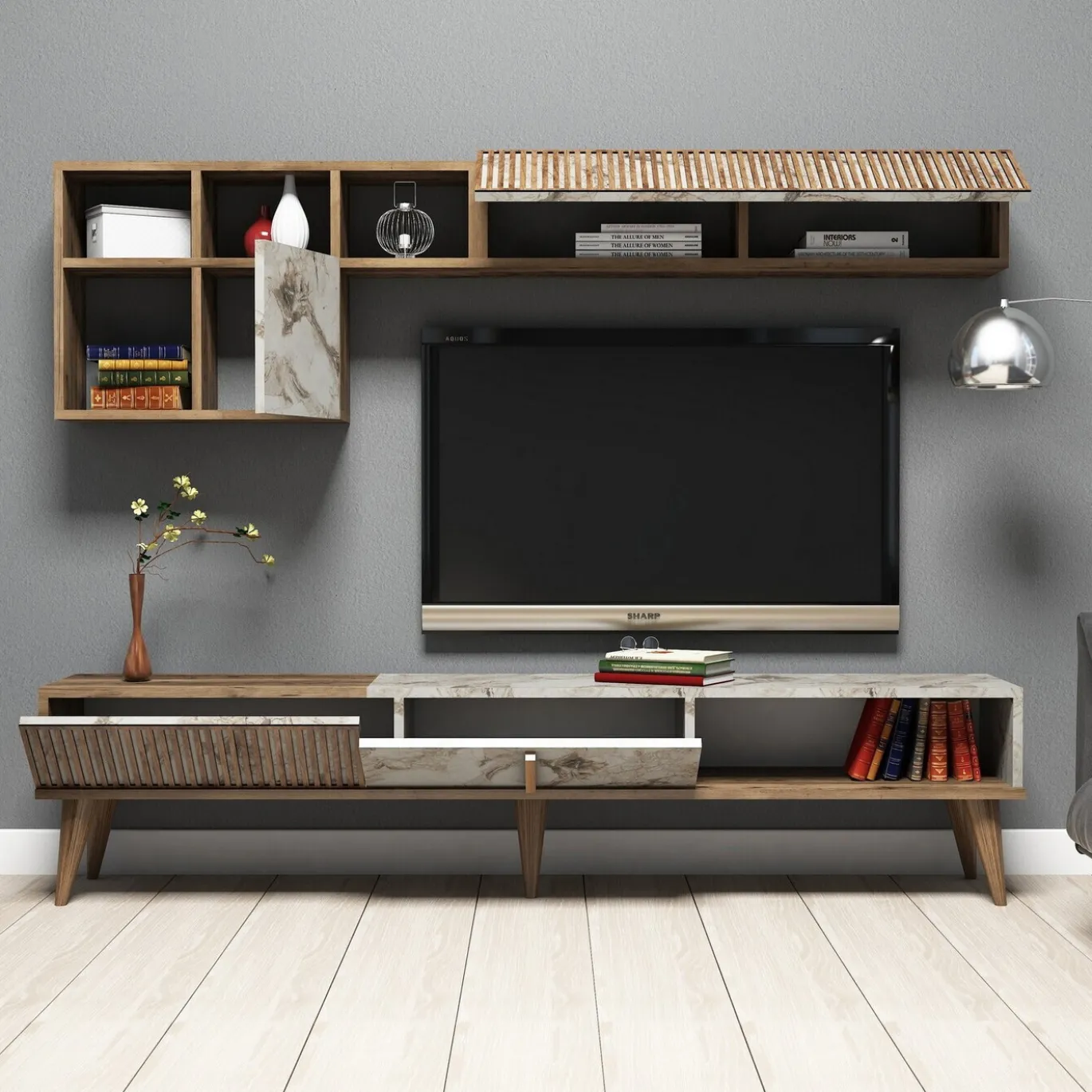 Tv-Meubel & Wandplank Milan Melamine Walnoot Wit