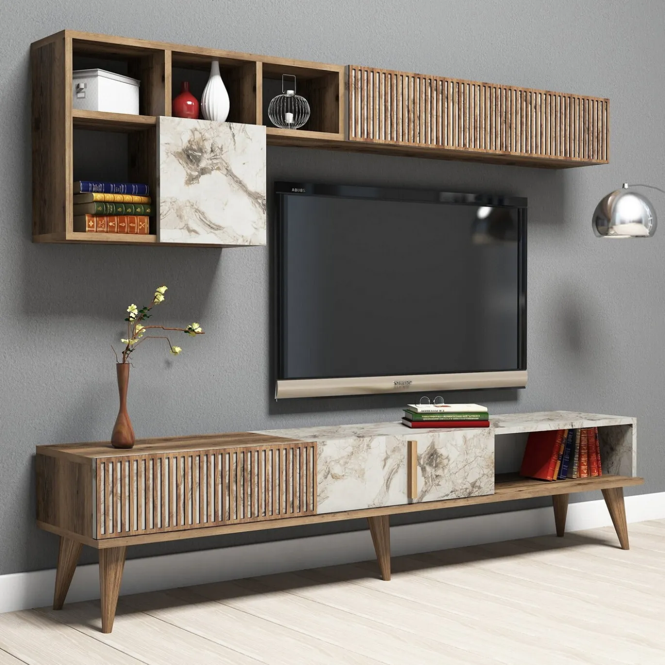 Tv-Meubel & Wandplank Milan Melamine Walnoot Wit