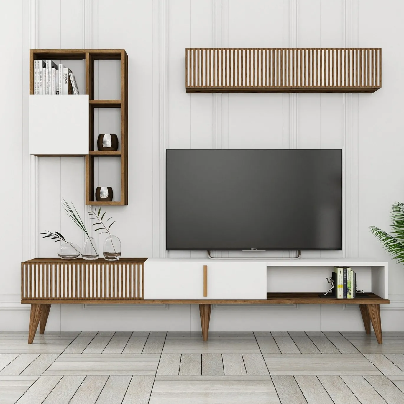 Tv-meubel + Wandschap Milan Melamine Walnoot Wit
