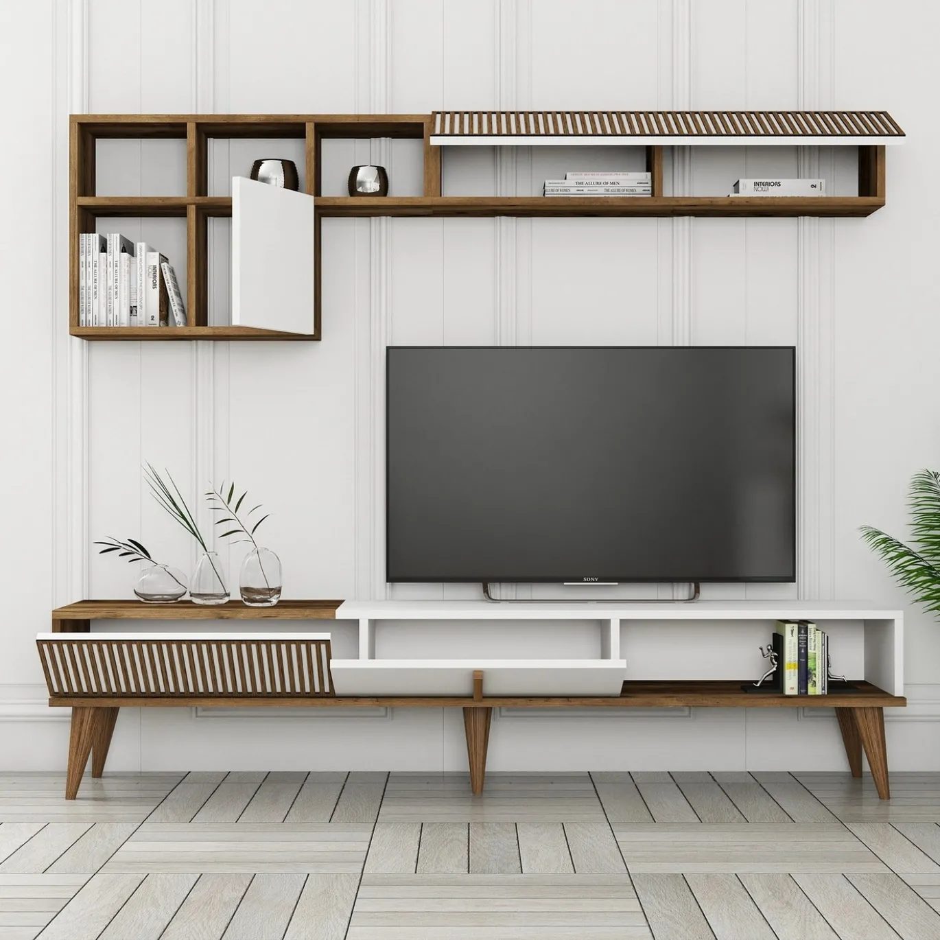 Tv-meubel + Wandschap Milan Melamine Walnoot Wit