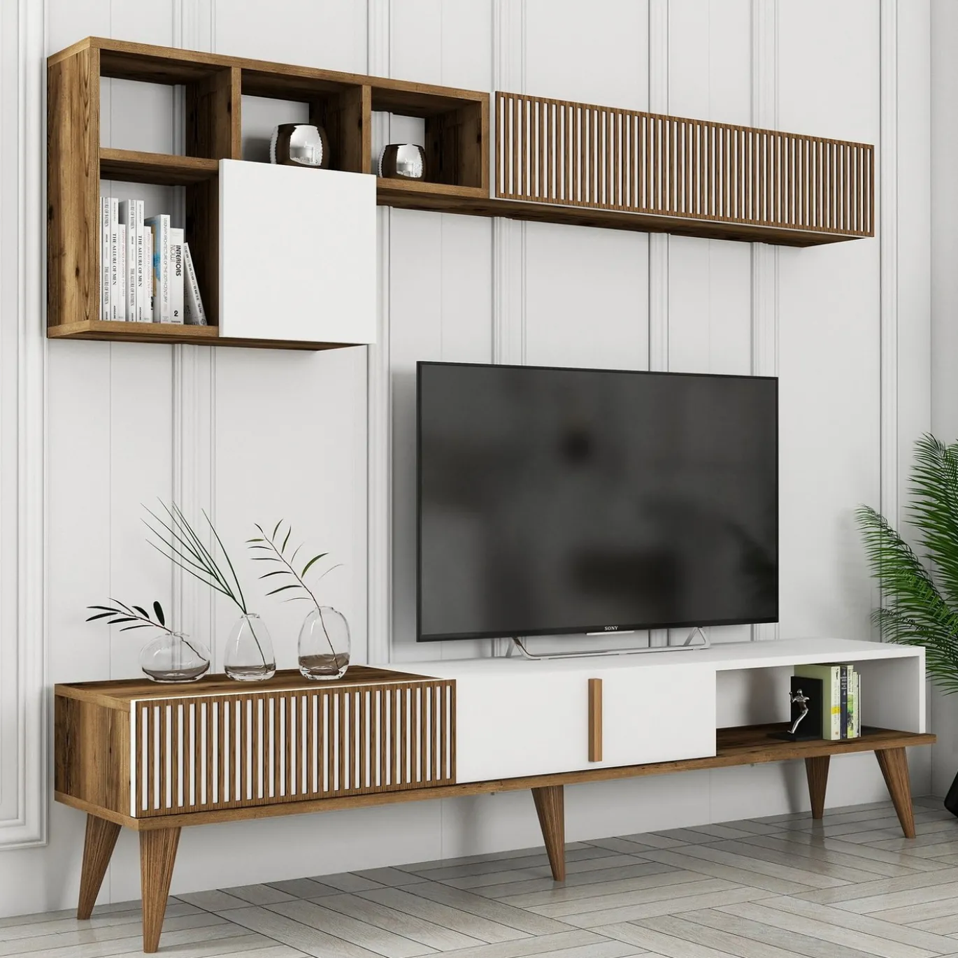 Tv-meubel + Wandschap Milan Melamine Walnoot Wit
