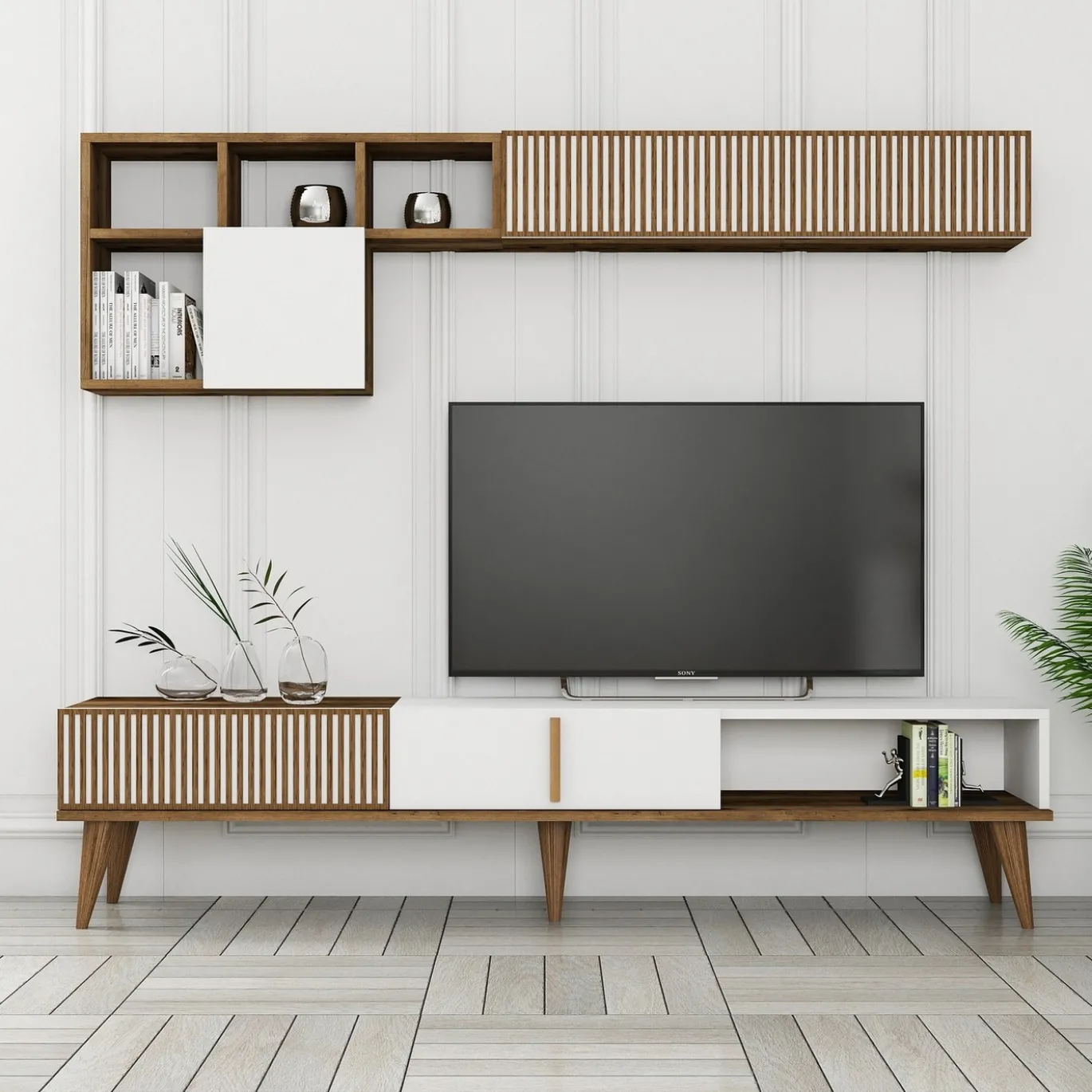 Tv-meubel + Wandschap Milan Melamine Walnoot Wit