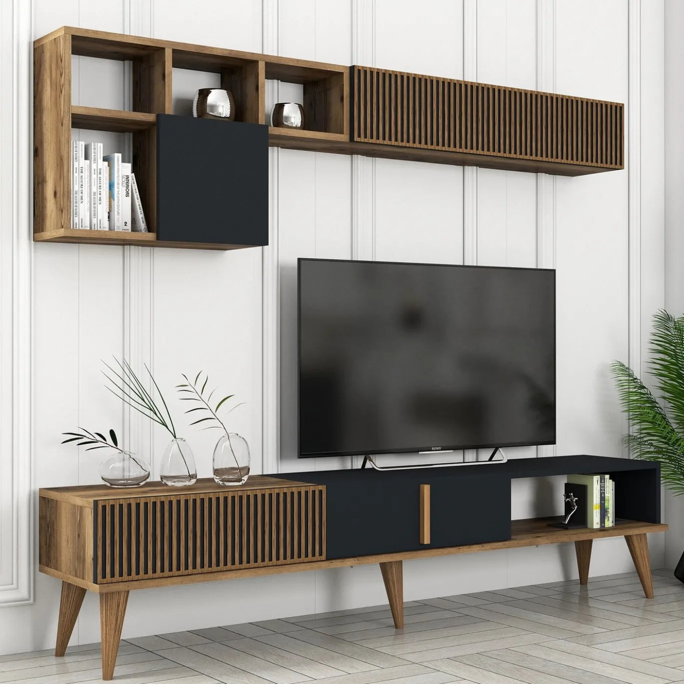 Tv-meubel + Wandschap Milan Melamine Walnoot Antraciet