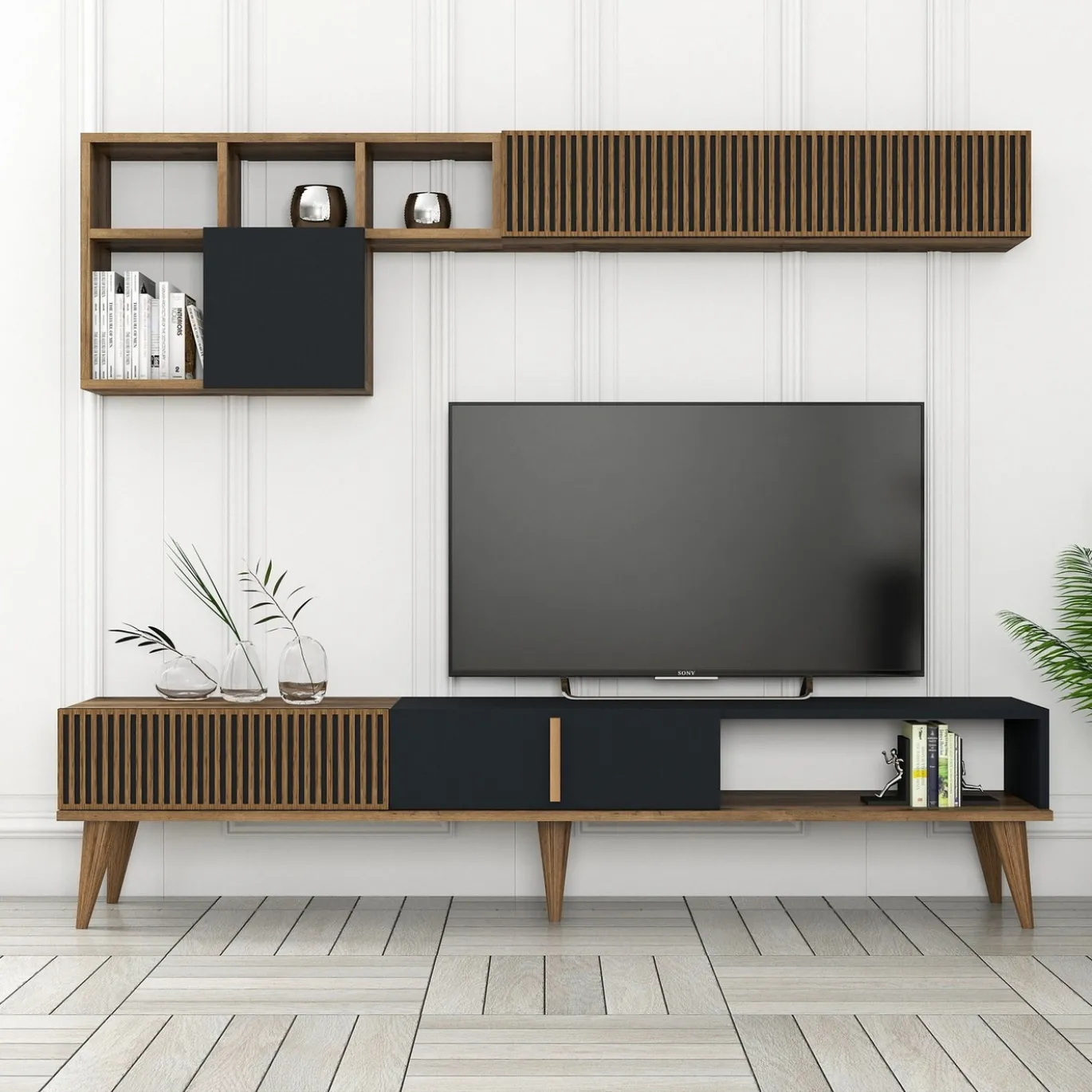 Tv-meubel + Wandschap Milan Melamine Walnoot Antraciet