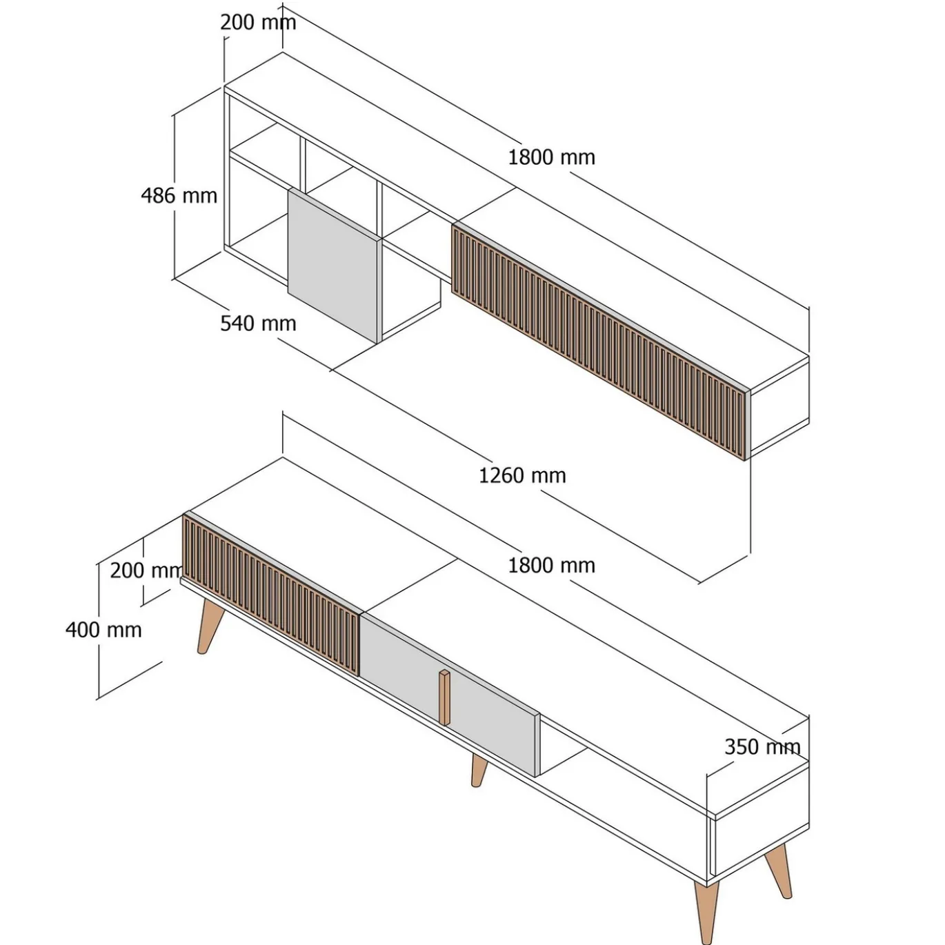 Tv-meubel + Wandschap Milan Melamine Walnoot Crème