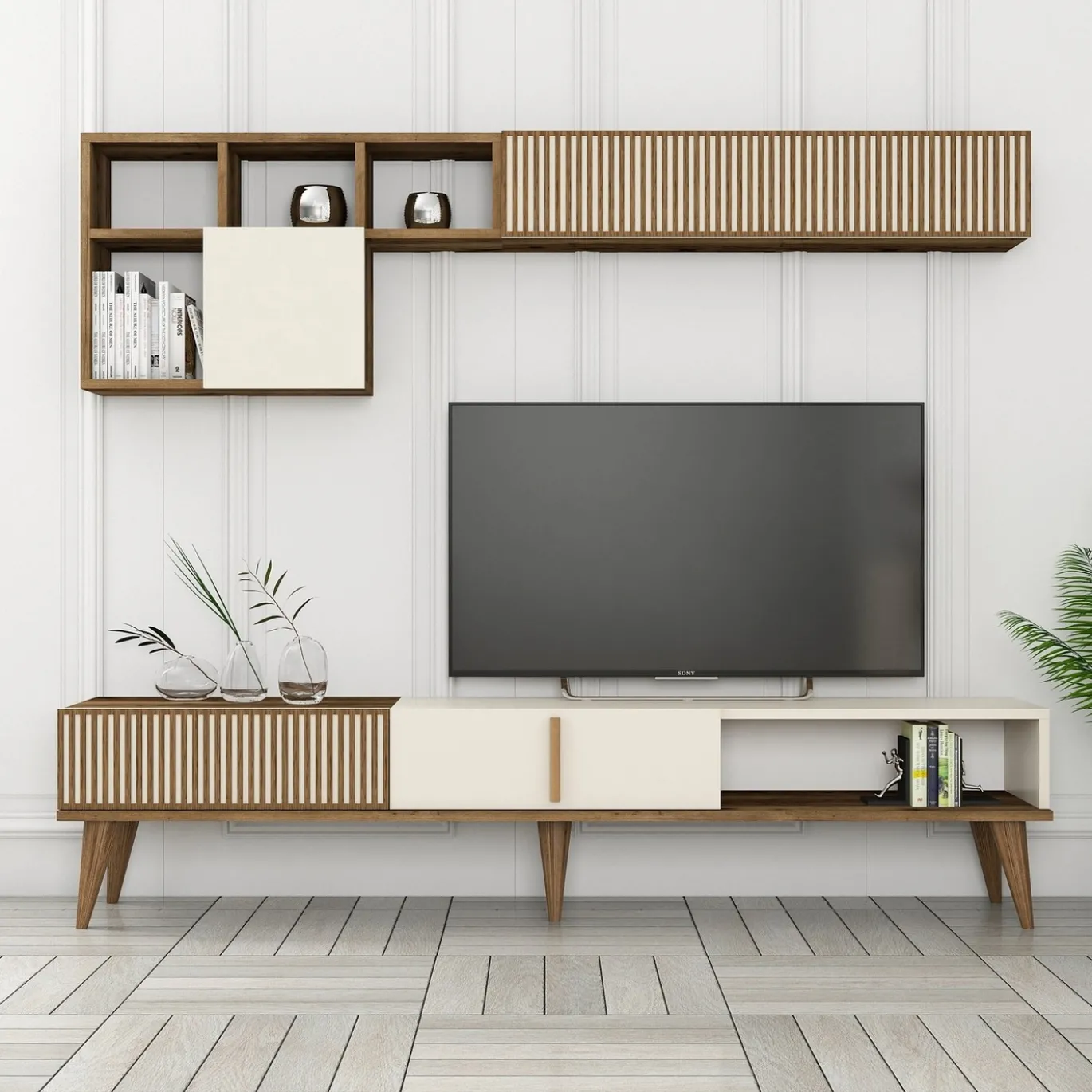 Tv-meubel + Wandschap Milan Melamine Walnoot Crème