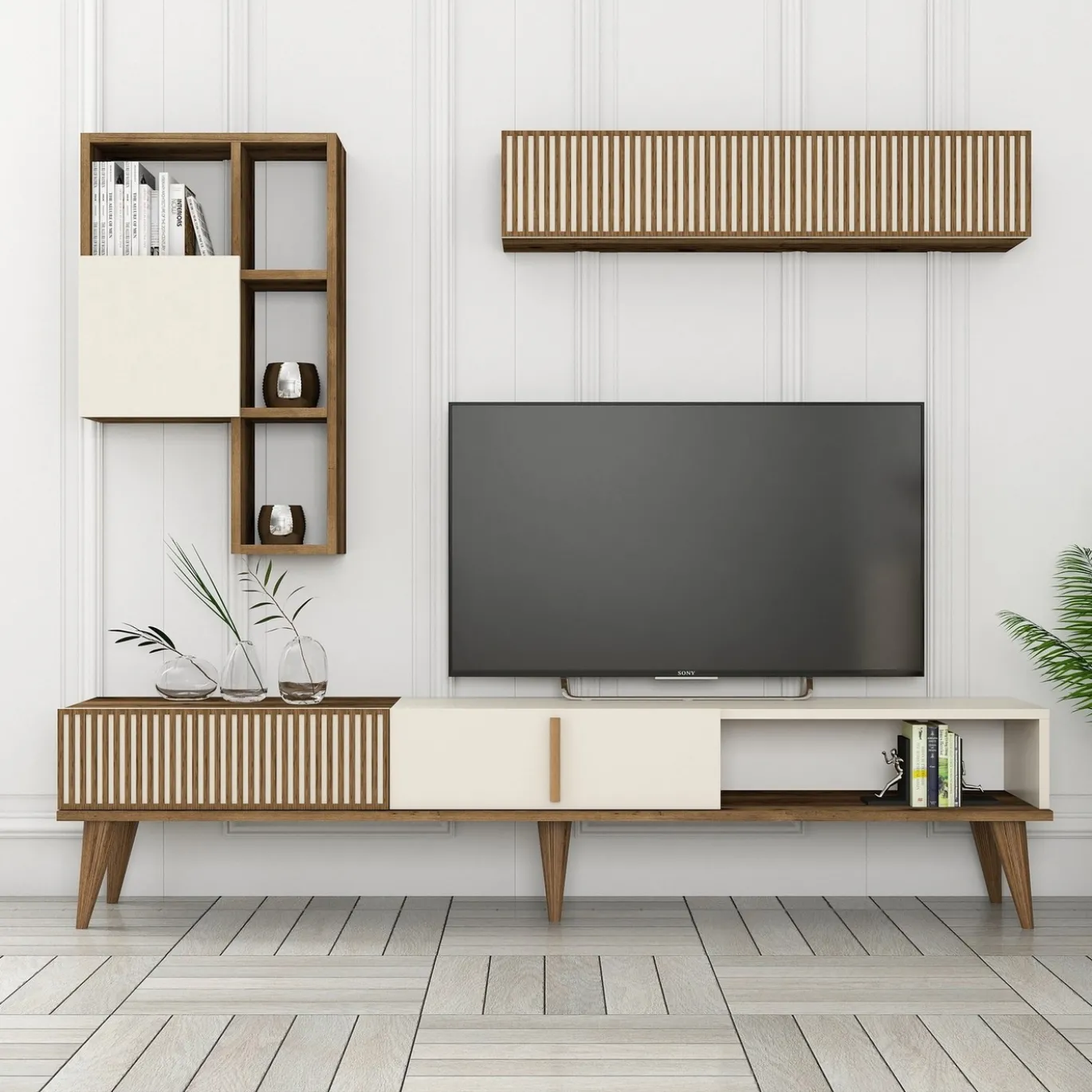 Tv-meubel + Wandschap Milan Melamine Walnoot Crème