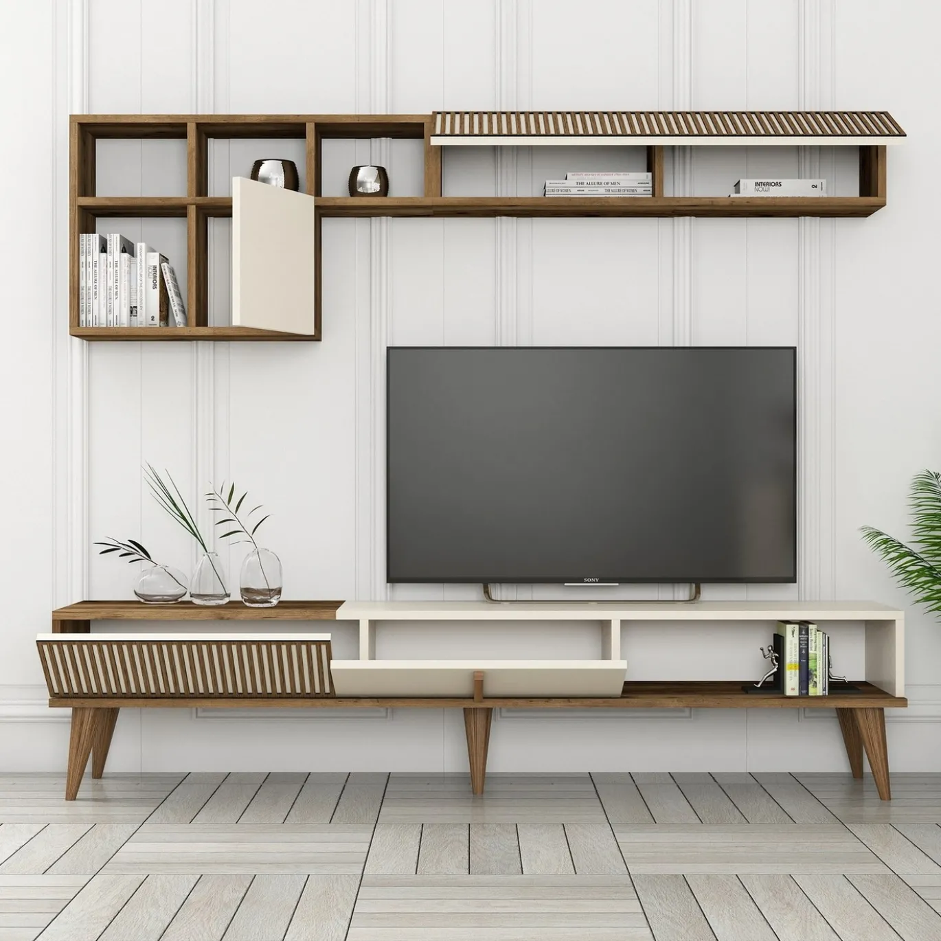 Tv-meubel + Wandschap Milan Melamine Walnoot Crème