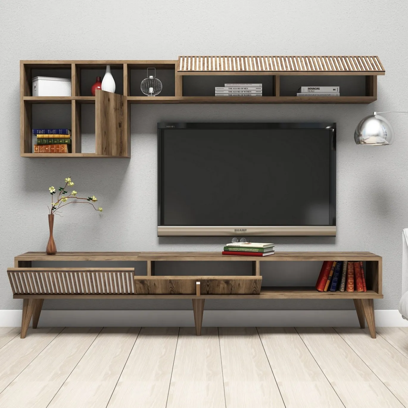 Tv-meubel + Wandschap Milan Melamine Walnoot