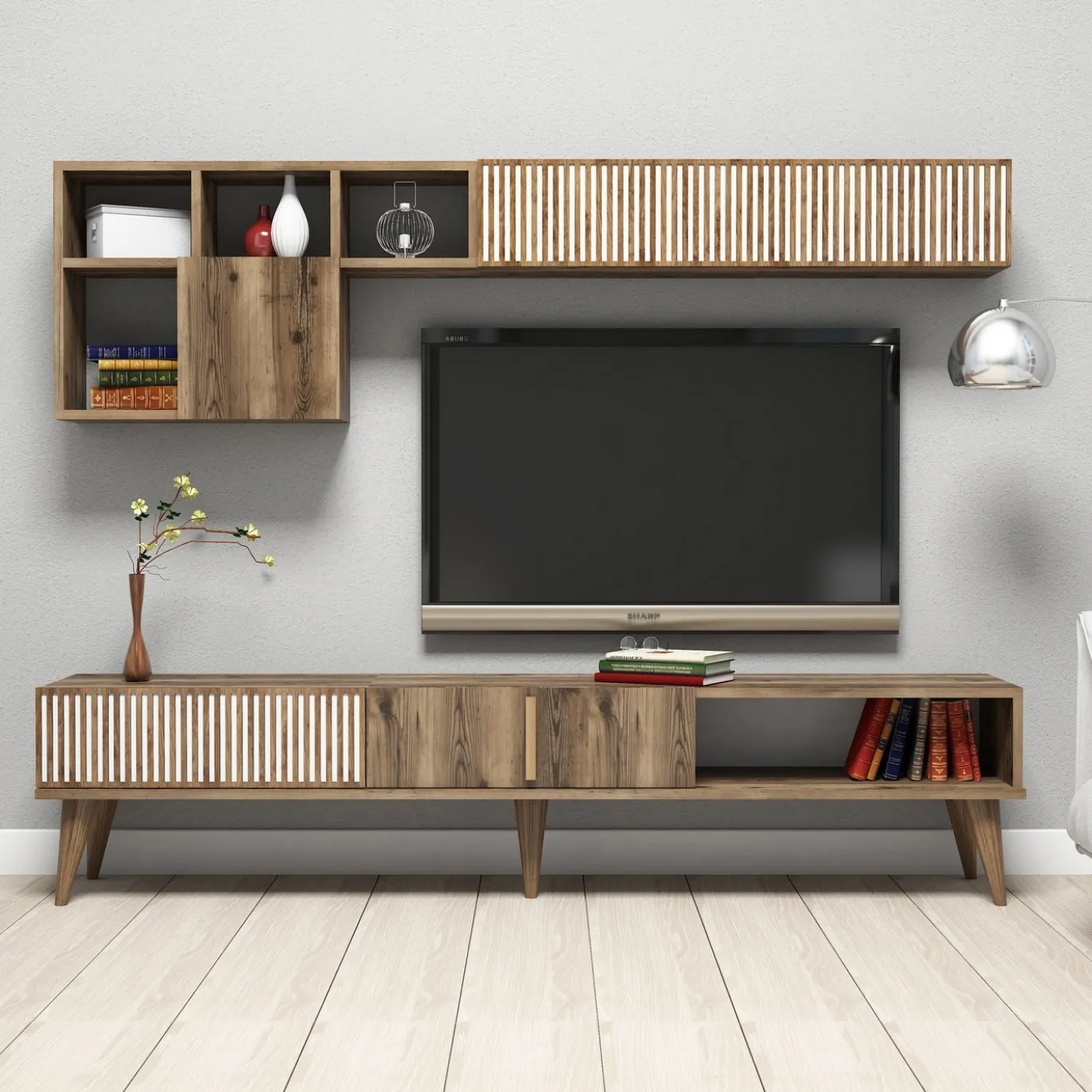 Tv-meubel + Wandschap Milan Melamine Walnoot