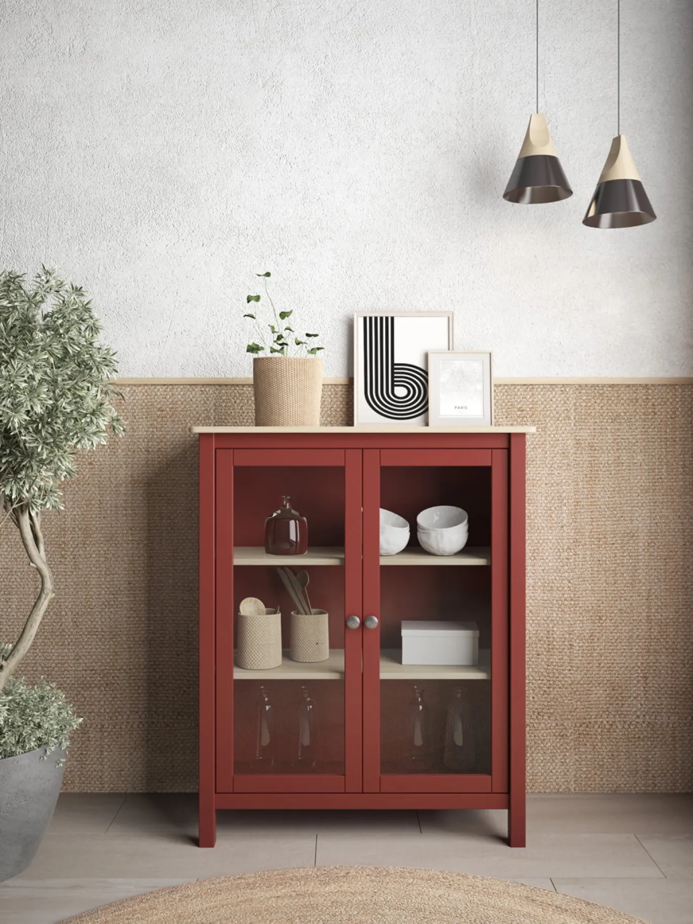 Vitrinekast Misti 2d Burgundy/eiken - Giga Meubel