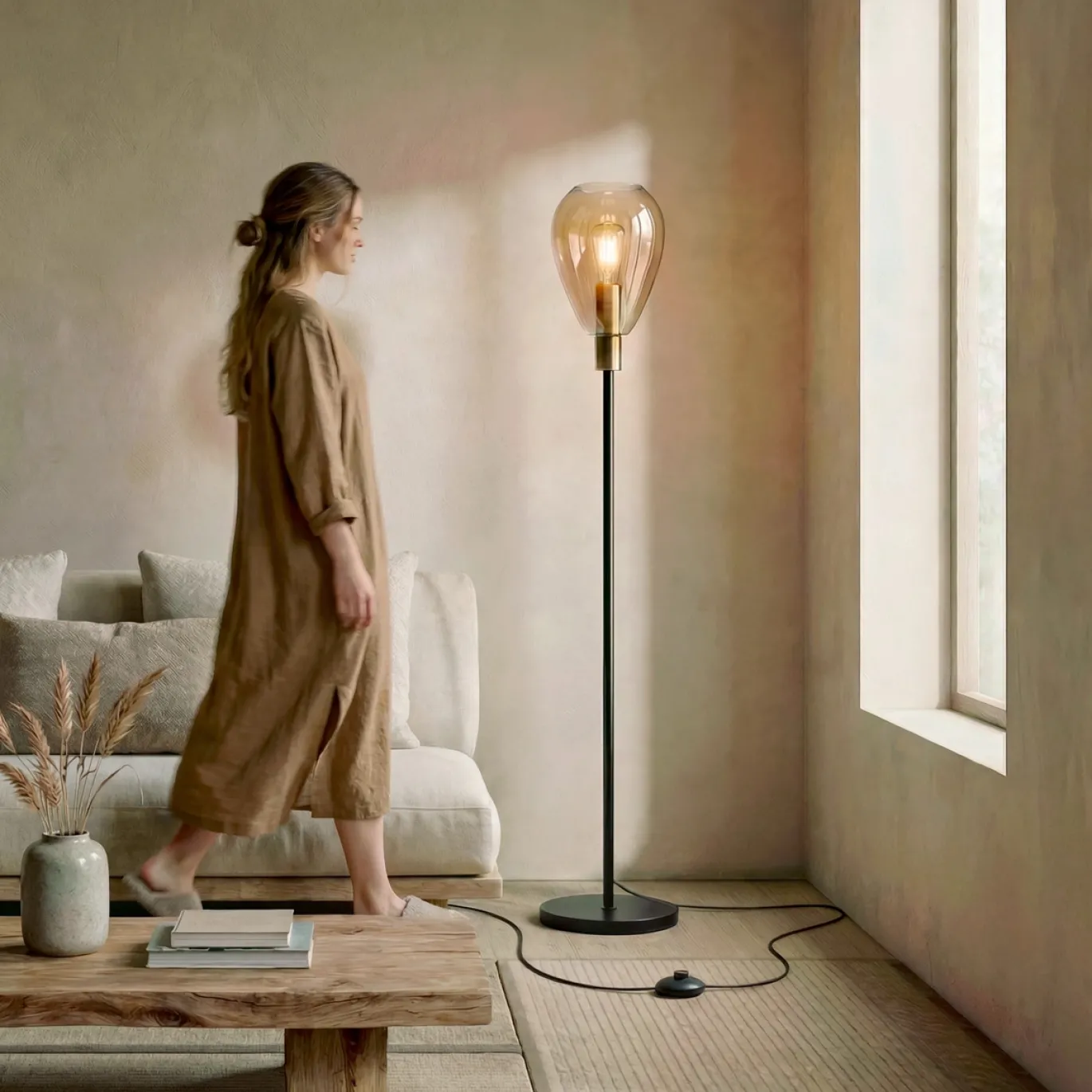 Vloerlamp Anita 1-Lichts Amber Glas - Giga Meubel