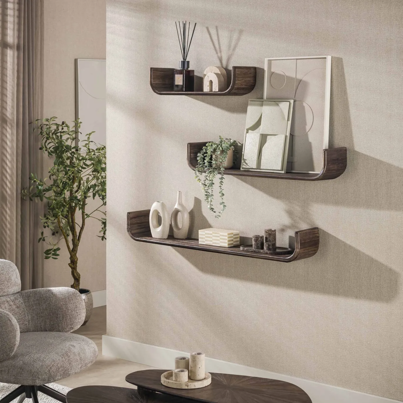 Wandplank Maya Teak U-vorm set van 3 - Giga Meubel