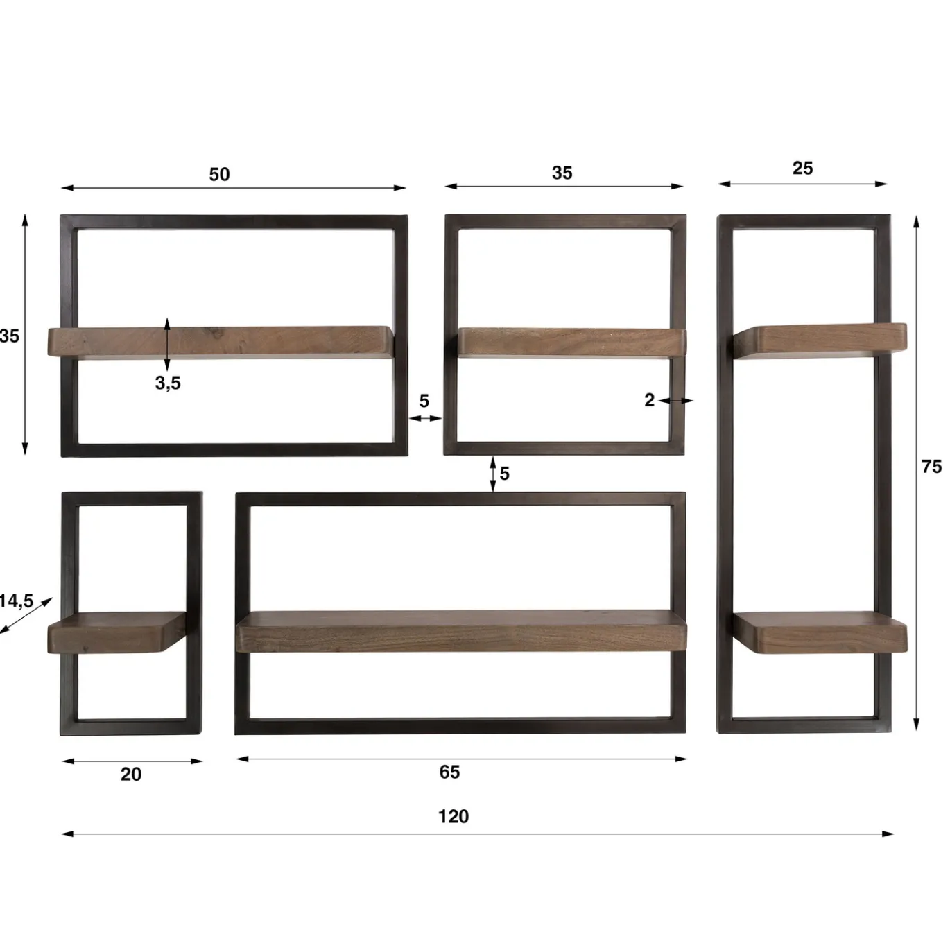 Wandschap Carve Set van 5 Massief Acacia Bruin - Giga Meubel