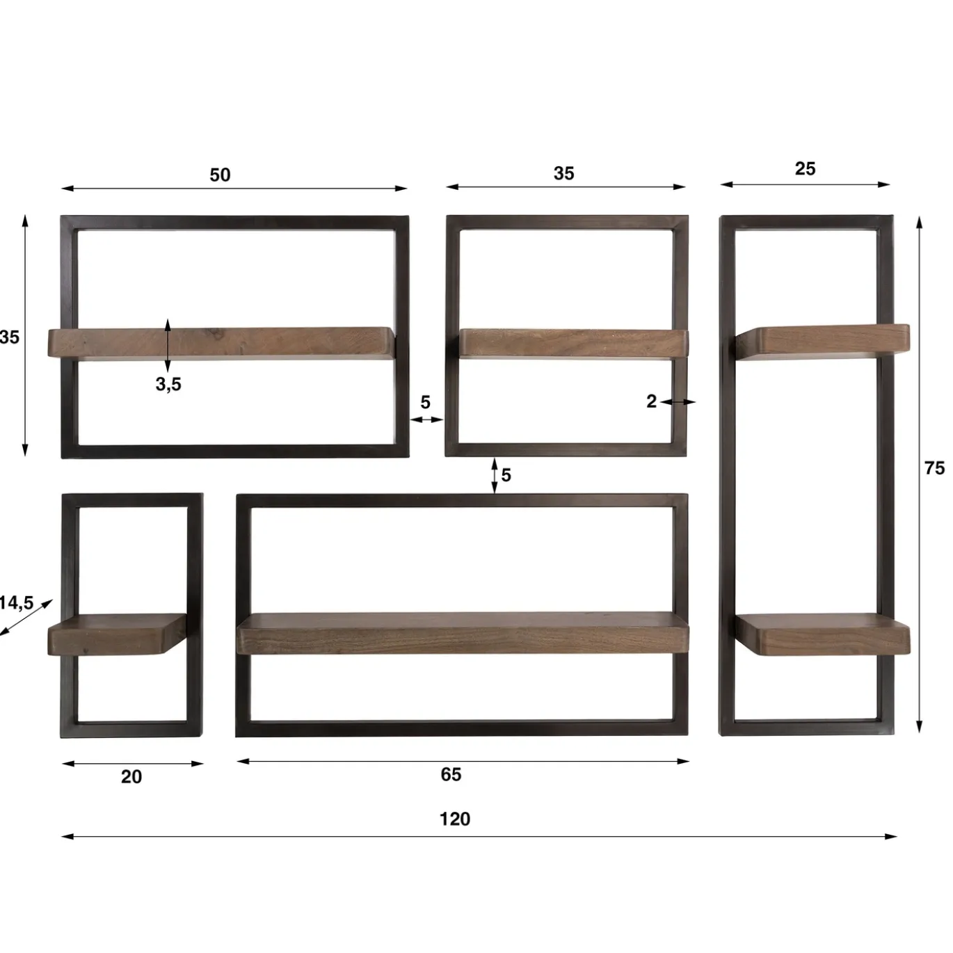 Wandschap Carve Set van 5 Massief Acacia Bruin - Giga Meubel