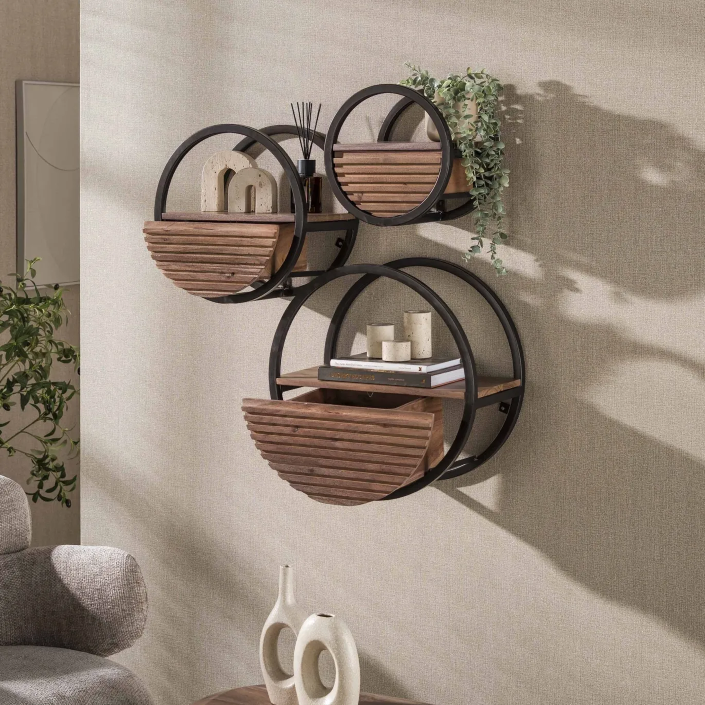 Wandschap Circular 1 lade Ø30cm Acacia Bruin - Giga Meubel