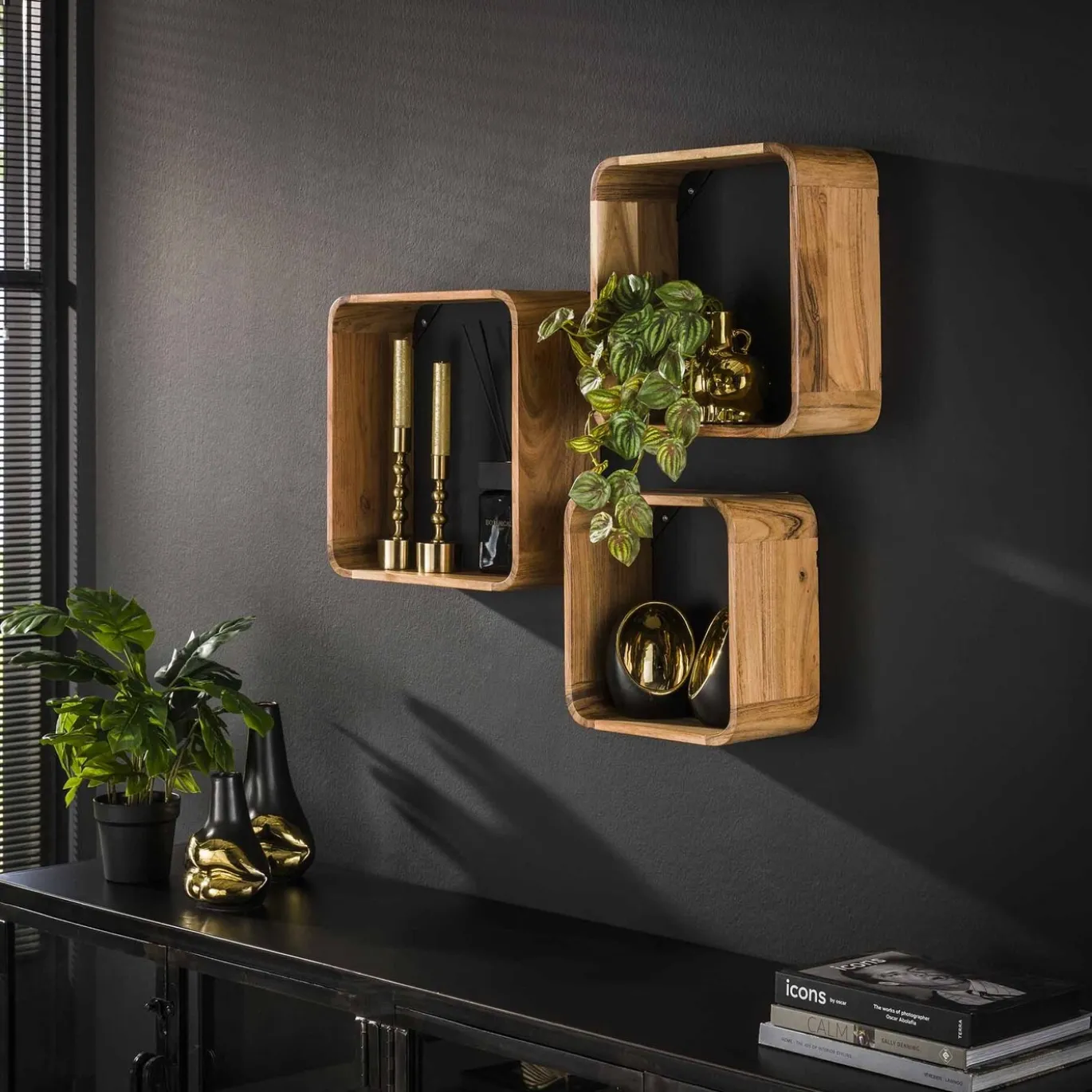Wandschap Set van 3 Vierkant Massief Acaciahout Naturel - Giga Meubel