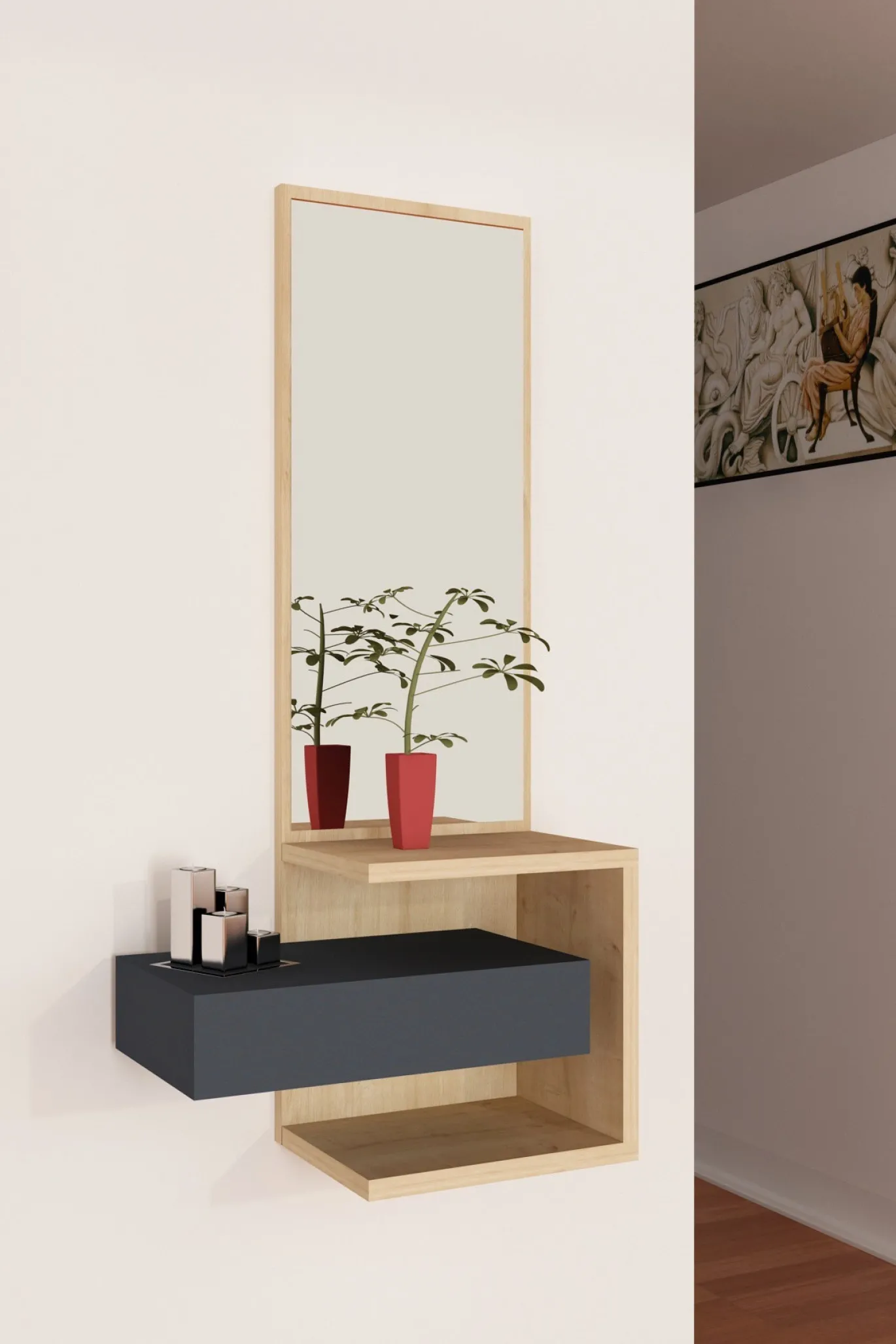 Wandspiegel Stella Naturel/Antraciet met Lade