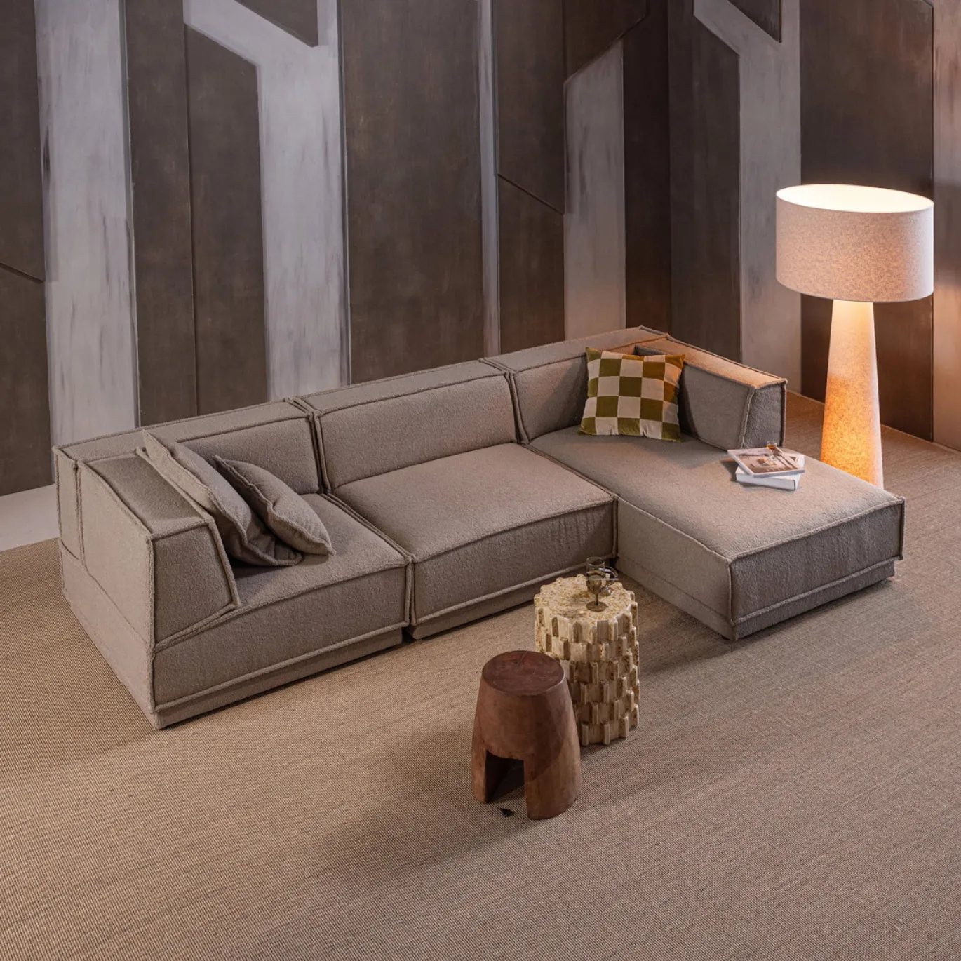 Woood Chaise Longue Bank Manu Rechts Grove Chenille Naturel