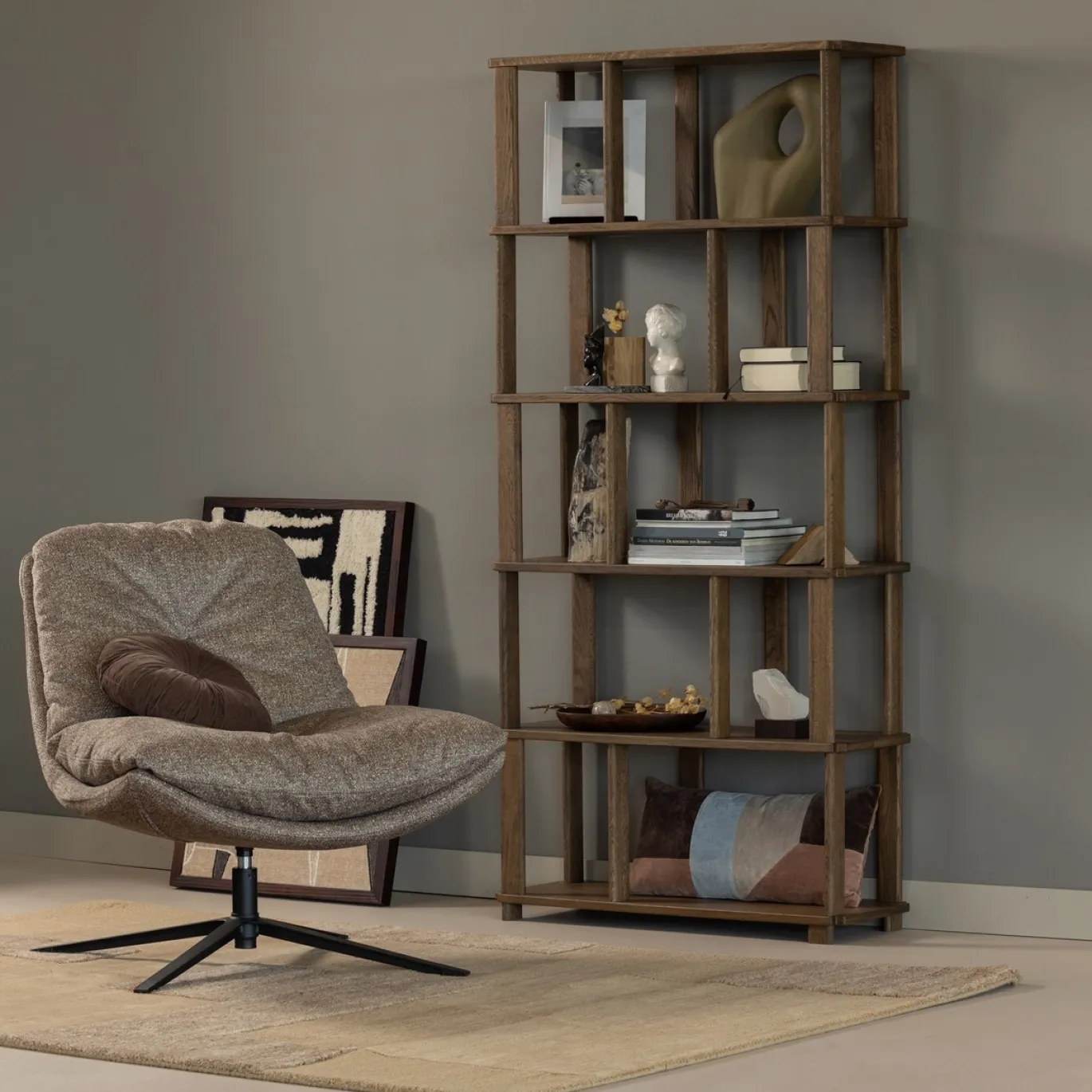 Woood Draaifauteuil Arve Bedrukte Stof Naturel Melange