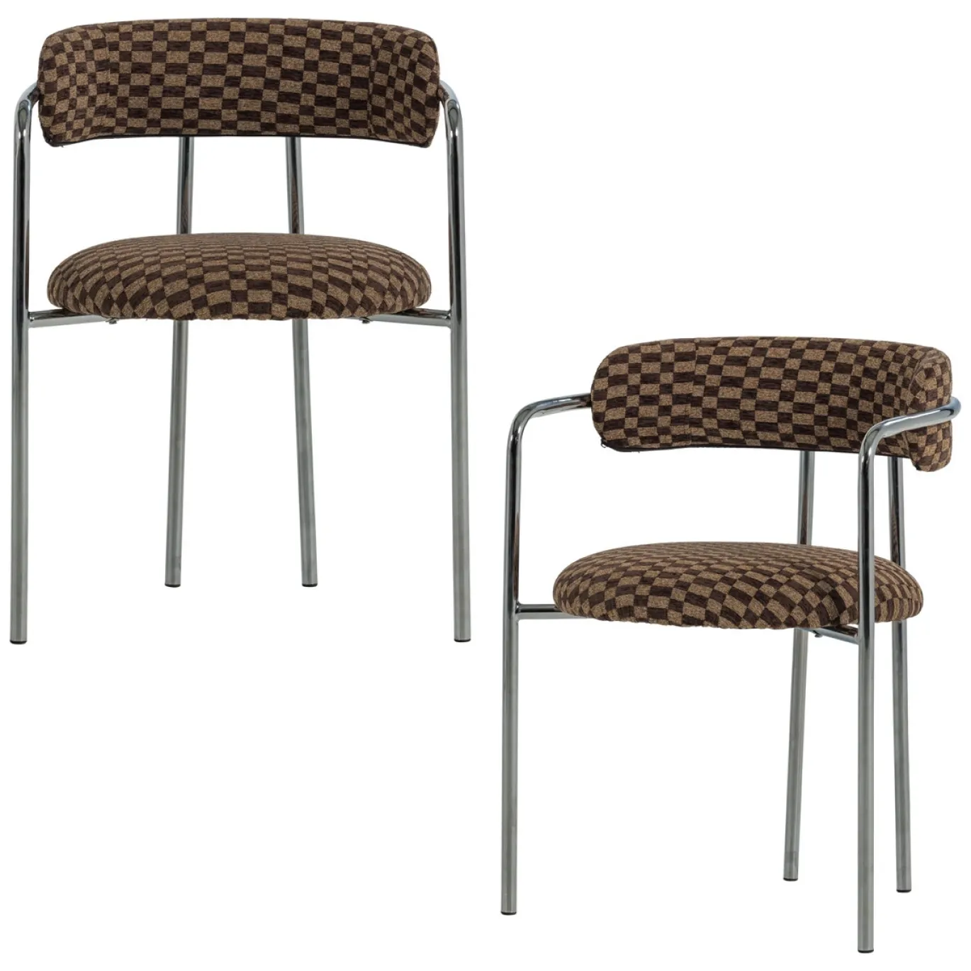 Woood Eetkamerstoel Cuby Chroom Ruitstof Bruin Set van 2