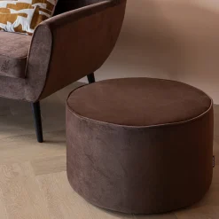 Woood Poef Sara Laag Velvet Donkerbruin Ø60cm