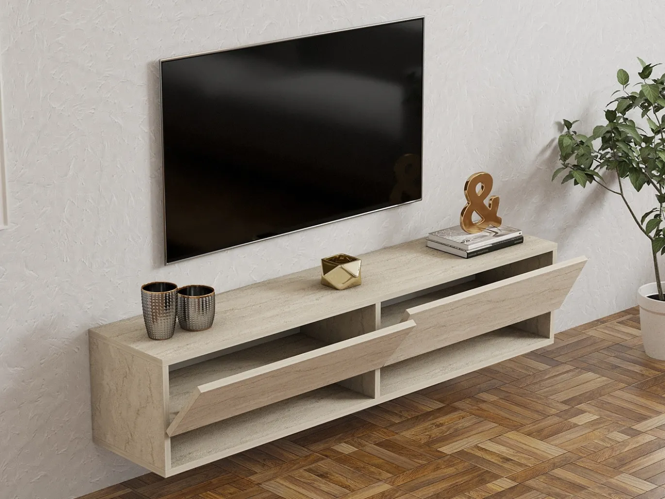 Zwevend Tv-meubel Arges Travertinlook 140cm